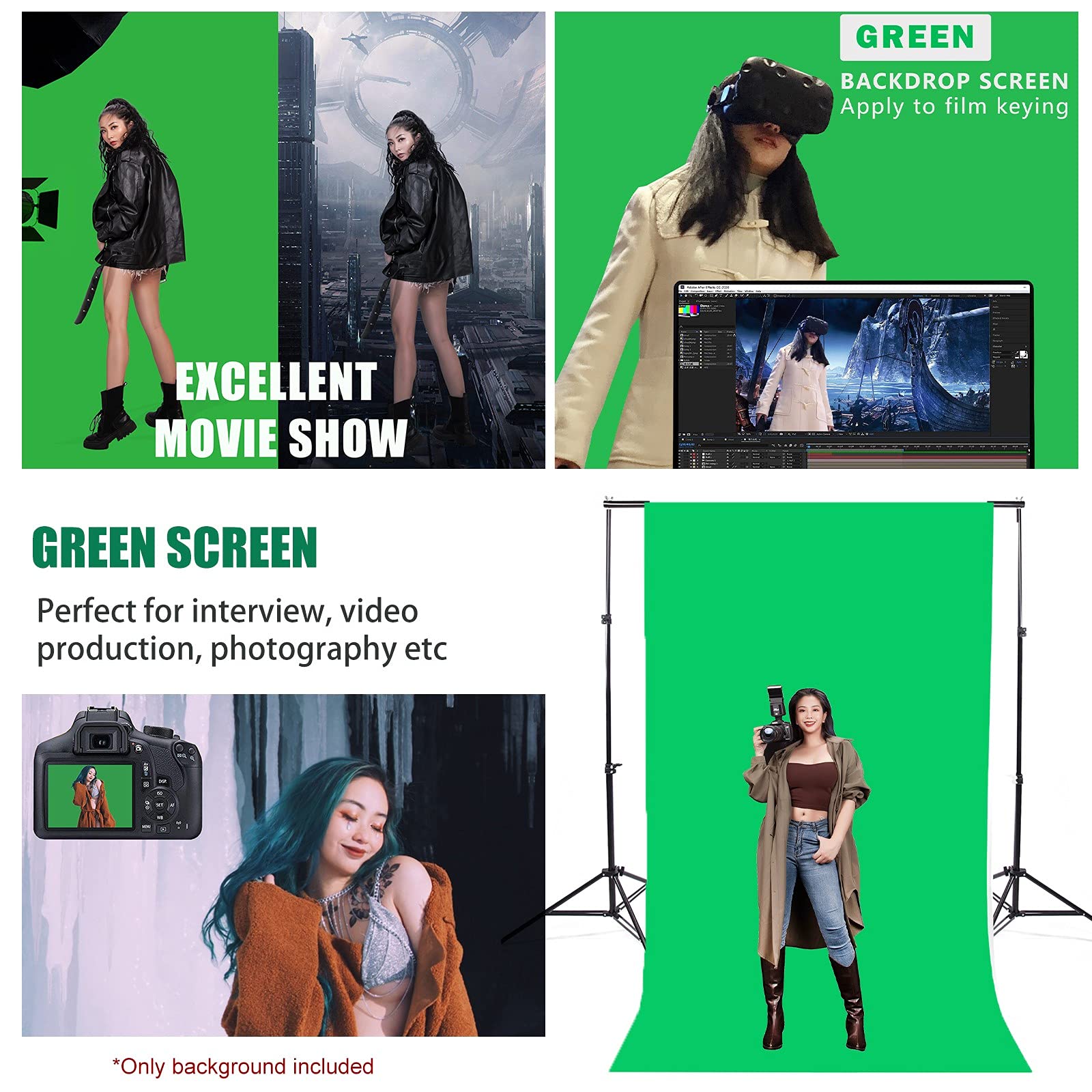 Sfondo fotografico con schermo verde, 3 x 3 m, 100% mussola di cotone Chromakey, lavabile in lavatrice, pieghevole, per riprese ritratti di prodotti in studio, live streaming, zoom meeting