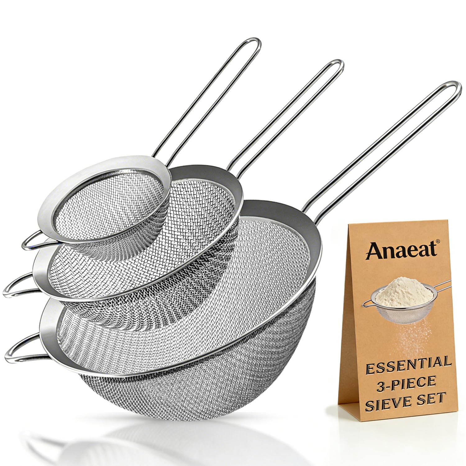 Anaeat Fine Mesh Strainers - Premium Stainless Steel Colander Sieve Sifters, with Durable Mesh and Sturdy Handle, Excellent for Sifting Dry ingredients, Flour, Pastas, Rice, Tea (3.15"+5.5"+7.87")