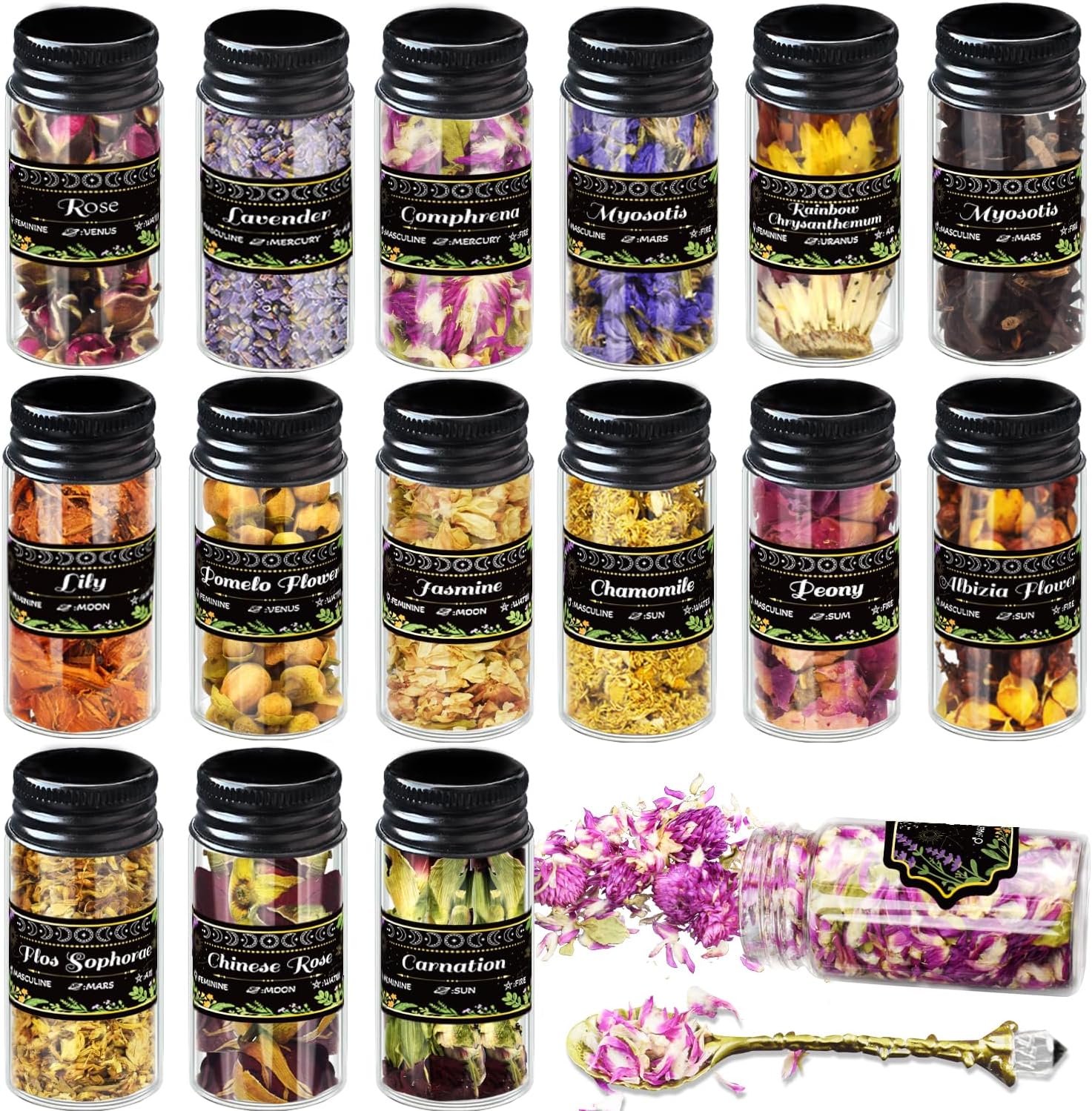 30 Jars Witchcraft Supplies Herbs & Flowers Kit with Crystal Spoon, Spell Parchments, Book of Herbs, and Feather – Natural Dried Herbal Set for Wicca, Altar Decor, Rituals, Spellcasting, and Beginners
