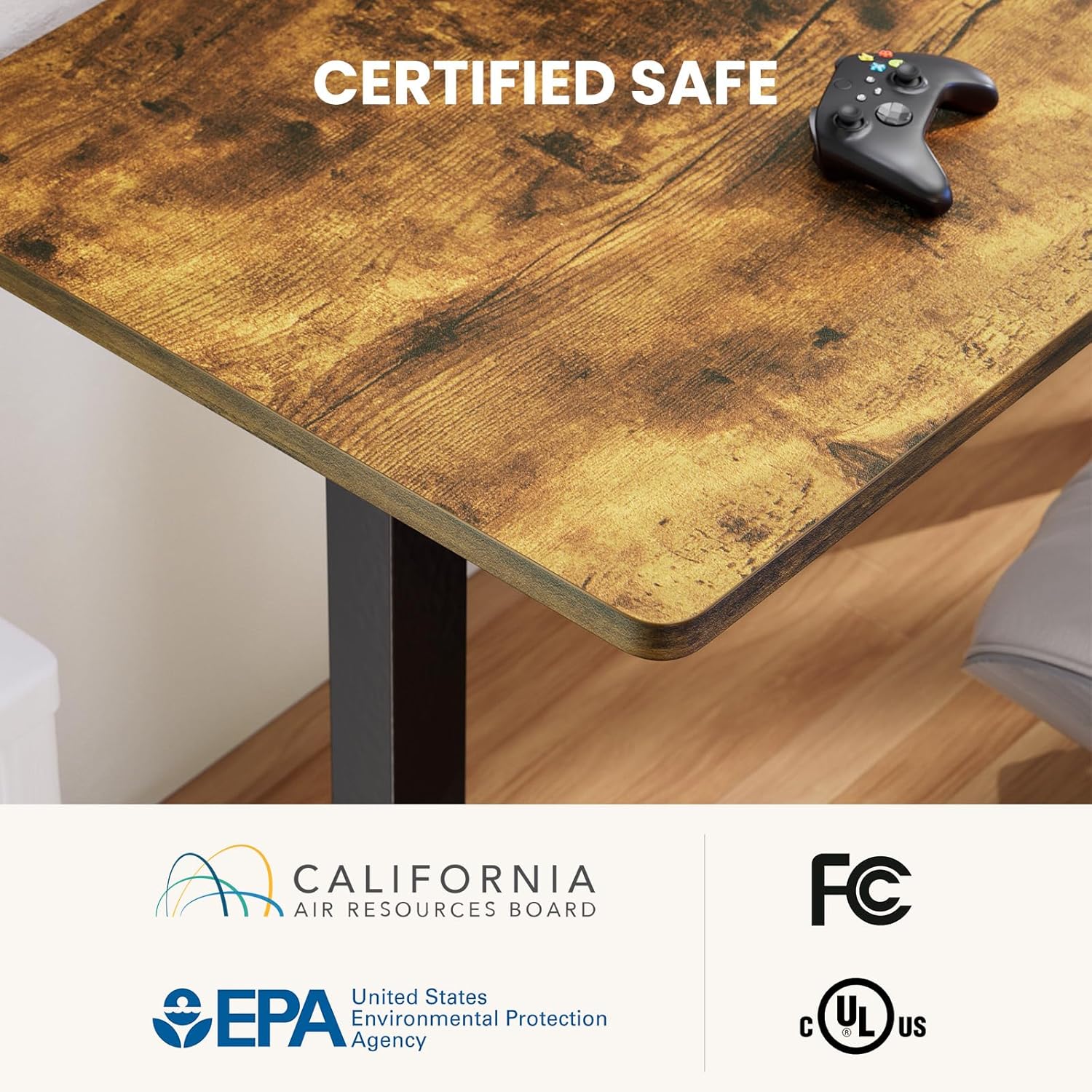 Certified Safe logos for CARB, EPA, FC, and UL, indicating compliance with safety and environmental standards.