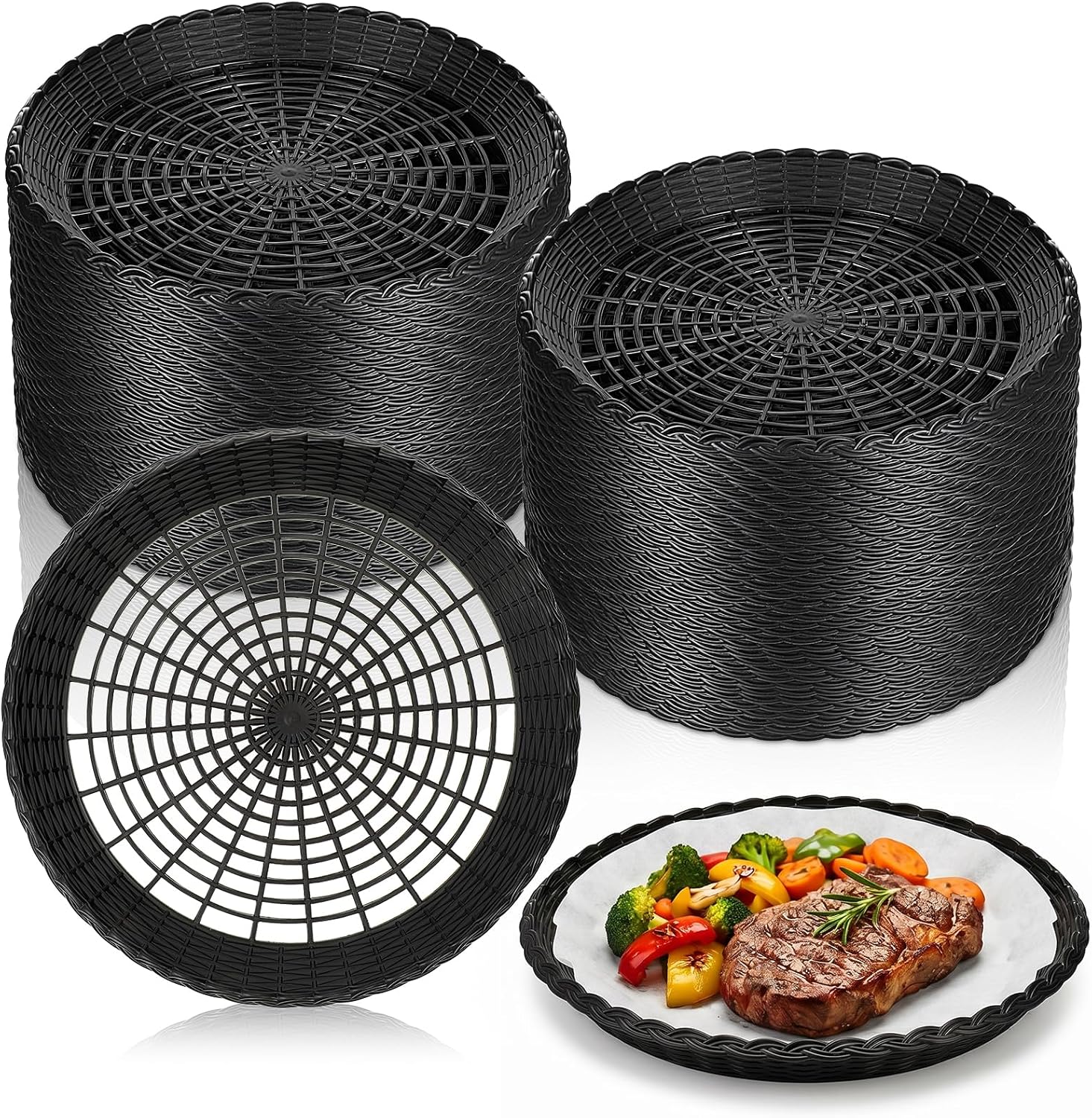 40 Pack Paper Plate Holders, 9.6 Inch Reusable Plastic Paper Plate Holders for Kitchen, Party, BBQ, Picnic, Snack - Woven Design, Black