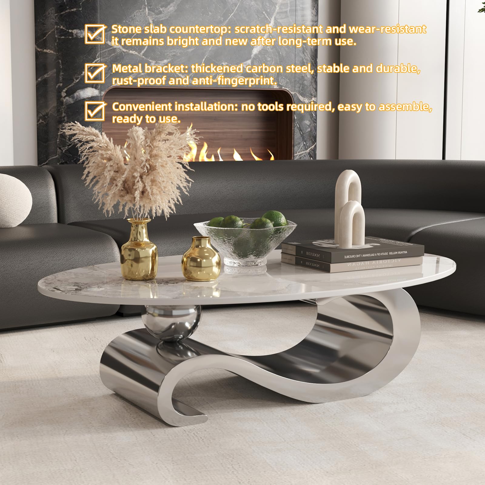 Best Oval Marble Coffee Tables for 2026 1 Auvsoce 52' Oval Marble Coffee Table for Living Room, Modern Stainless Steel Sil — product photo