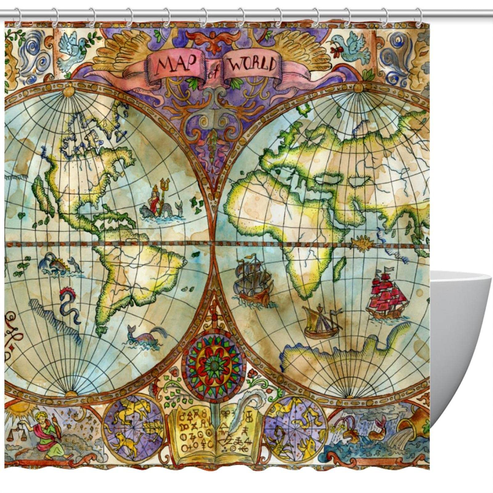 Rideau de douche carte du monde anti-éclaboussure en tissu épais vintage