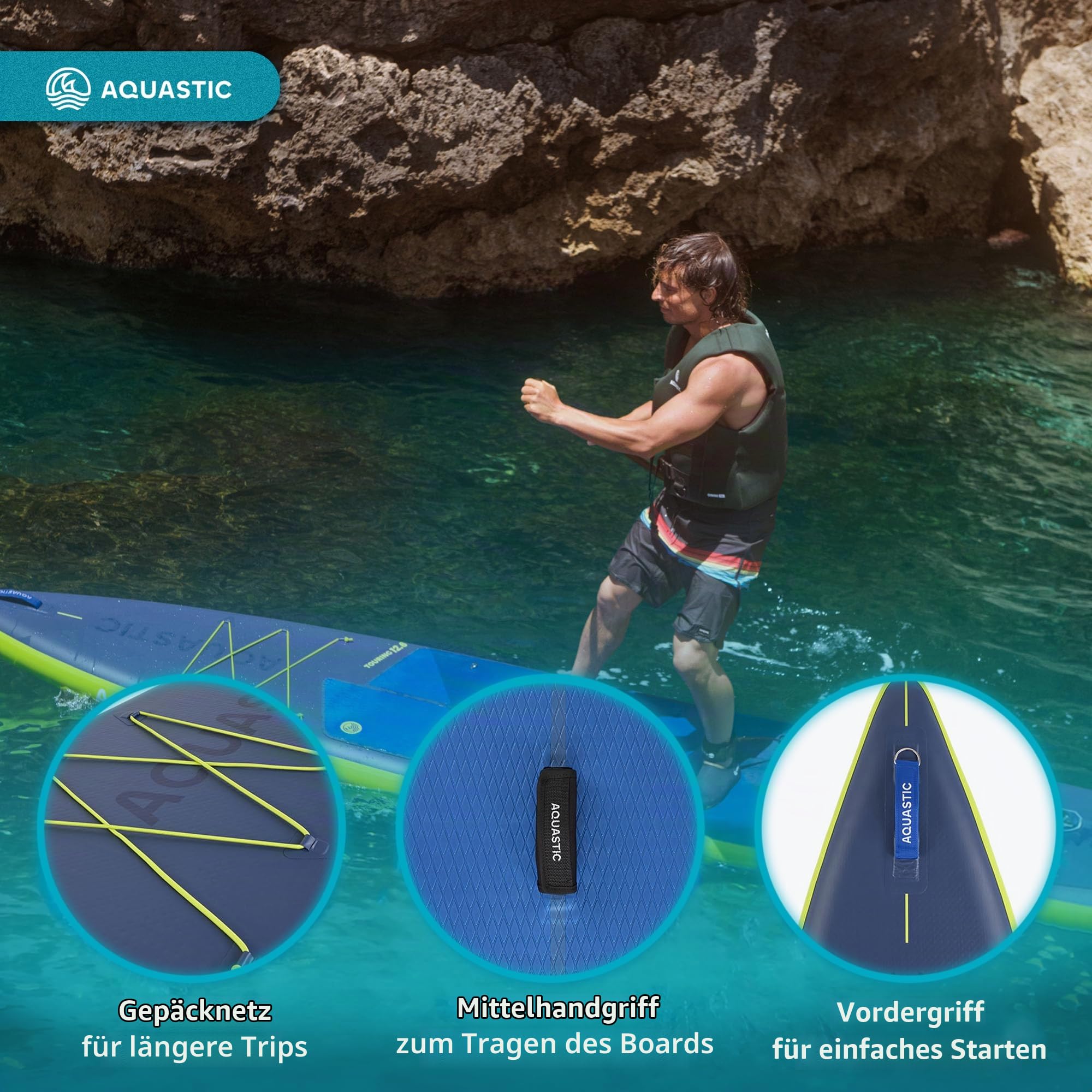AQUASTIC Touring 12'6" SUP Board Set – Komplettset: 2X 2in1 Paddel, 2 Kajaksitze, Leash, Pumpe, Rucksack, Drop Stitch Lite+, 381x76 cm, 165 kg, Touring, leicht & robust, für Lange Touren