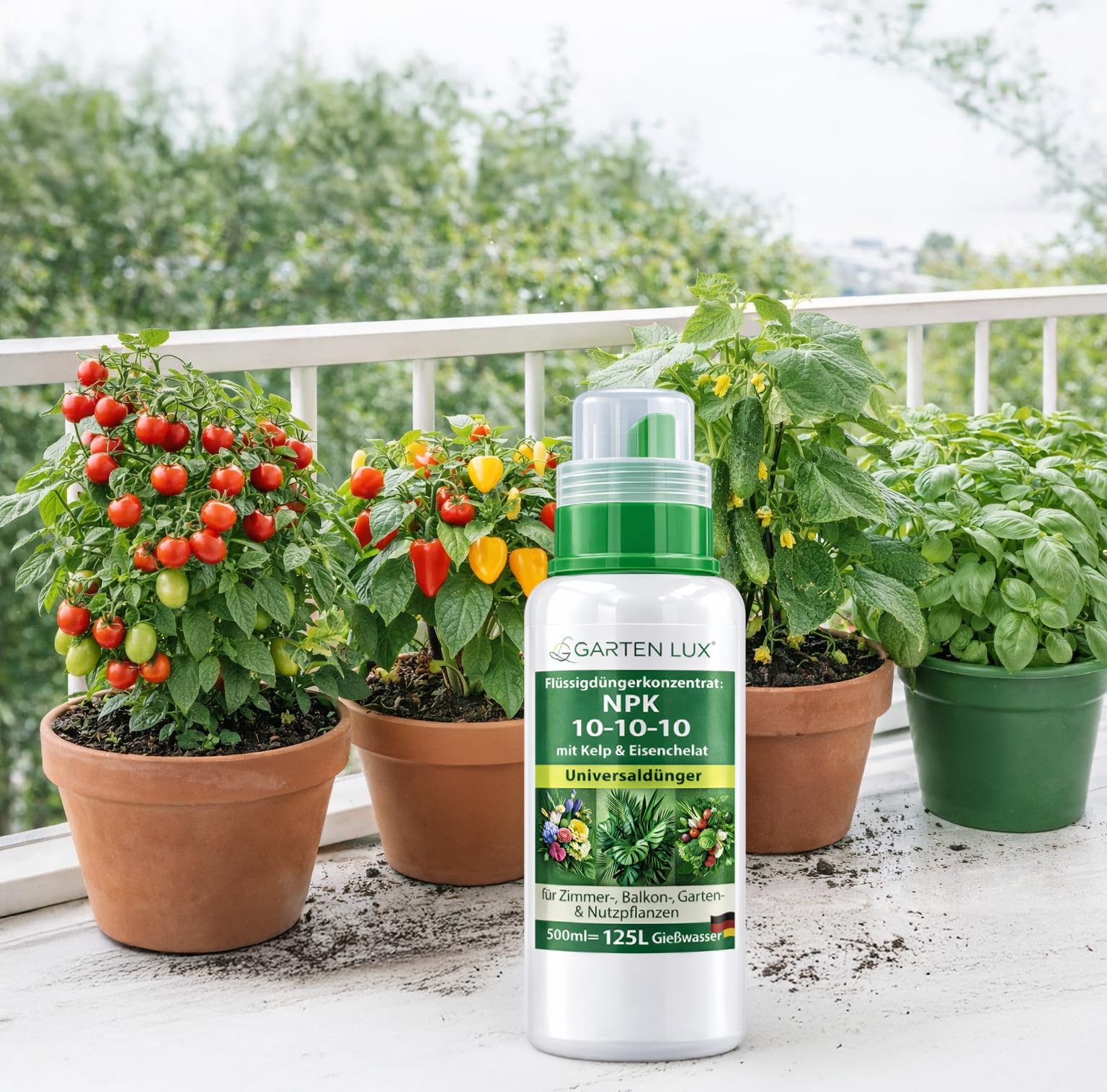 Garten Lux Fertilizante Líquido NPK 10-10-10 Concentrado con Kelp y Hierro Quelado – Abono Universal para Plantas de Interior, Jardín y Huerto Urbano – 500 ml hasta 125 L