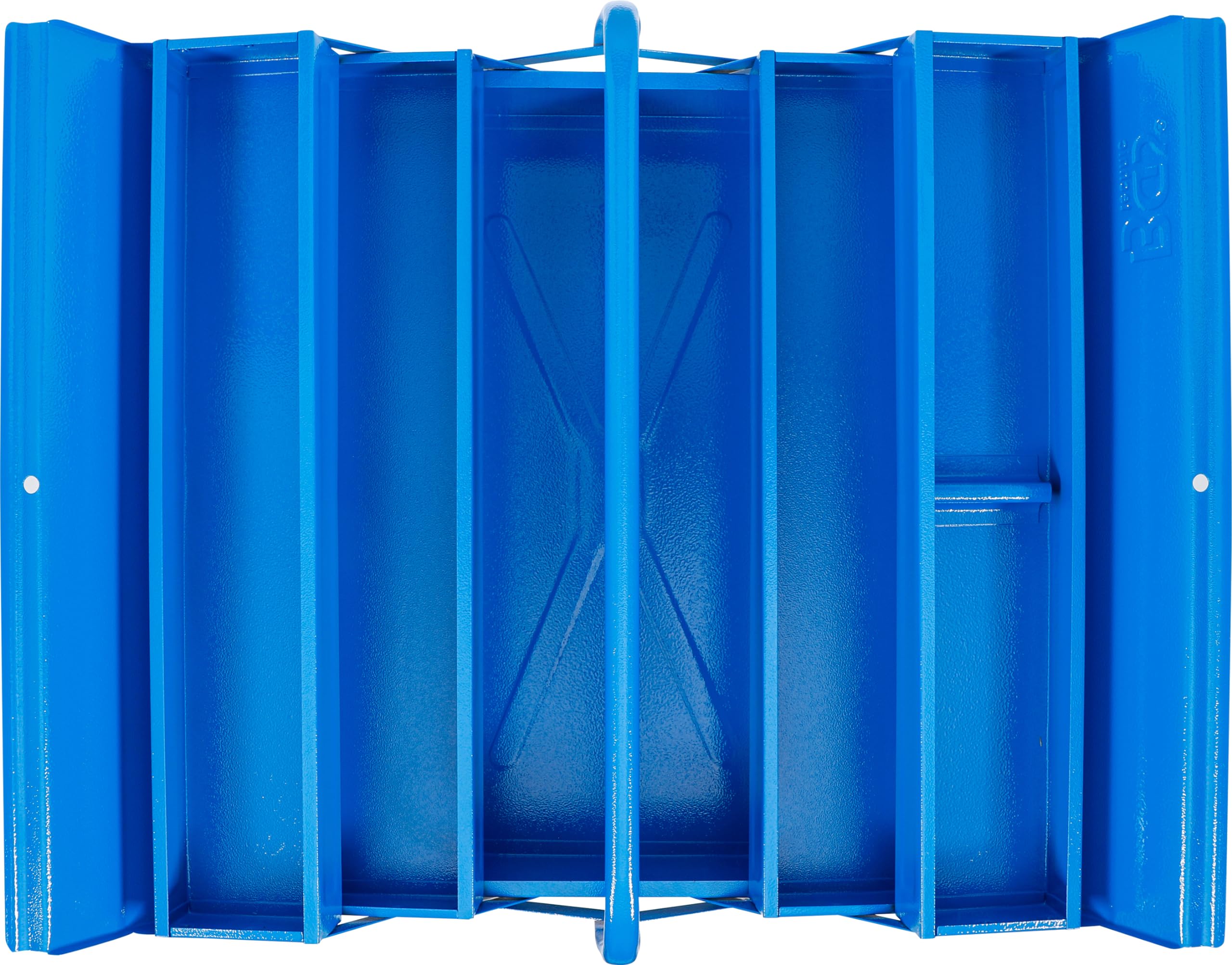 BGS 33002 | Metall-Werkzeugkasten | leer | 530 x 200 x 200 mm | 5 Fächer | Stahlblech | hammerschlagblau lackiert | umlegbarer Tragebügel | automatische Schließfunktion