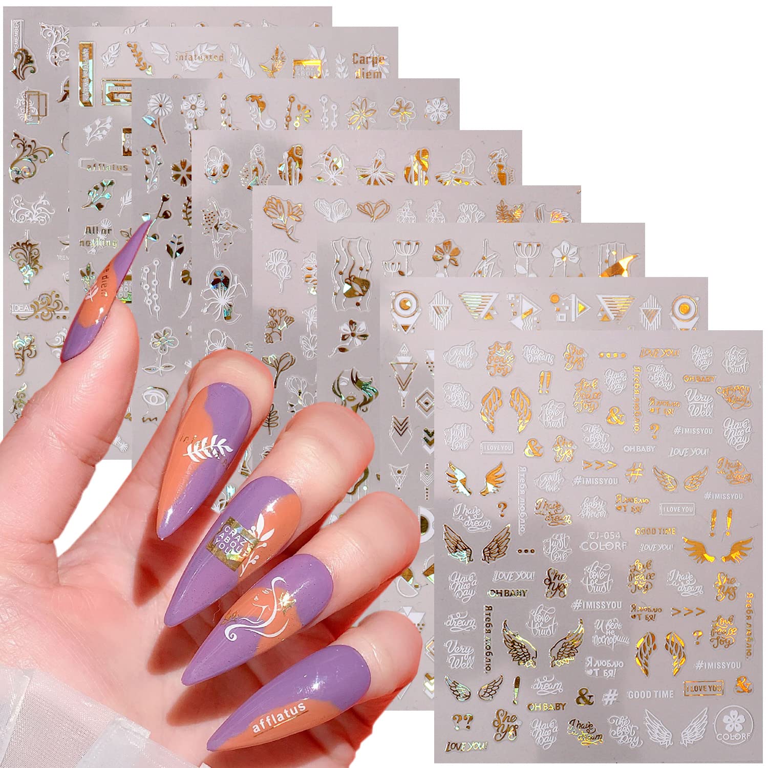 Gold Flowers Nail Art Stickers, Lace Flower Leaf Angel Wing Moon Star Nail Self-Adhesive Sticker Designs, Laser Gold White 3D Floral Nail Transfer Decals for Women Girls Manicure Charms Decorations