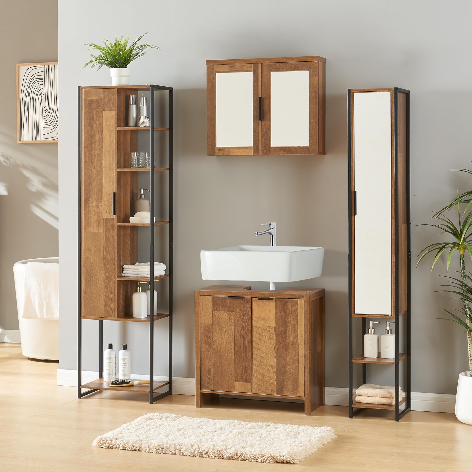 [en.​casa] Ensemble de Meuble de Salle de Bain 4 Pièces avec 2 Colonnes Meuble sous Lavabo Armoire Murale avec Miroir Panneau de Particules Métal Effet Noyer Noir