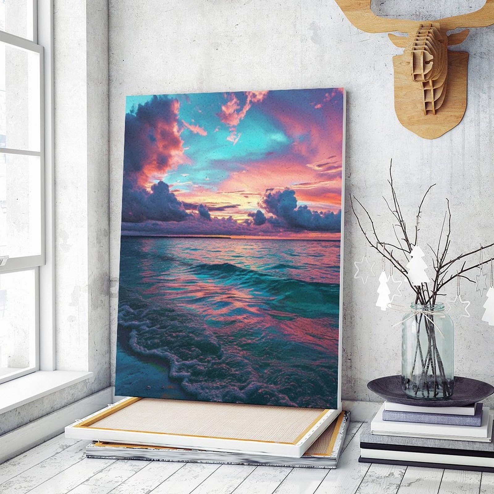 Amazon | 夕暮れ時のビーチと海 数字キットによる絵画 数字油絵 魅力的