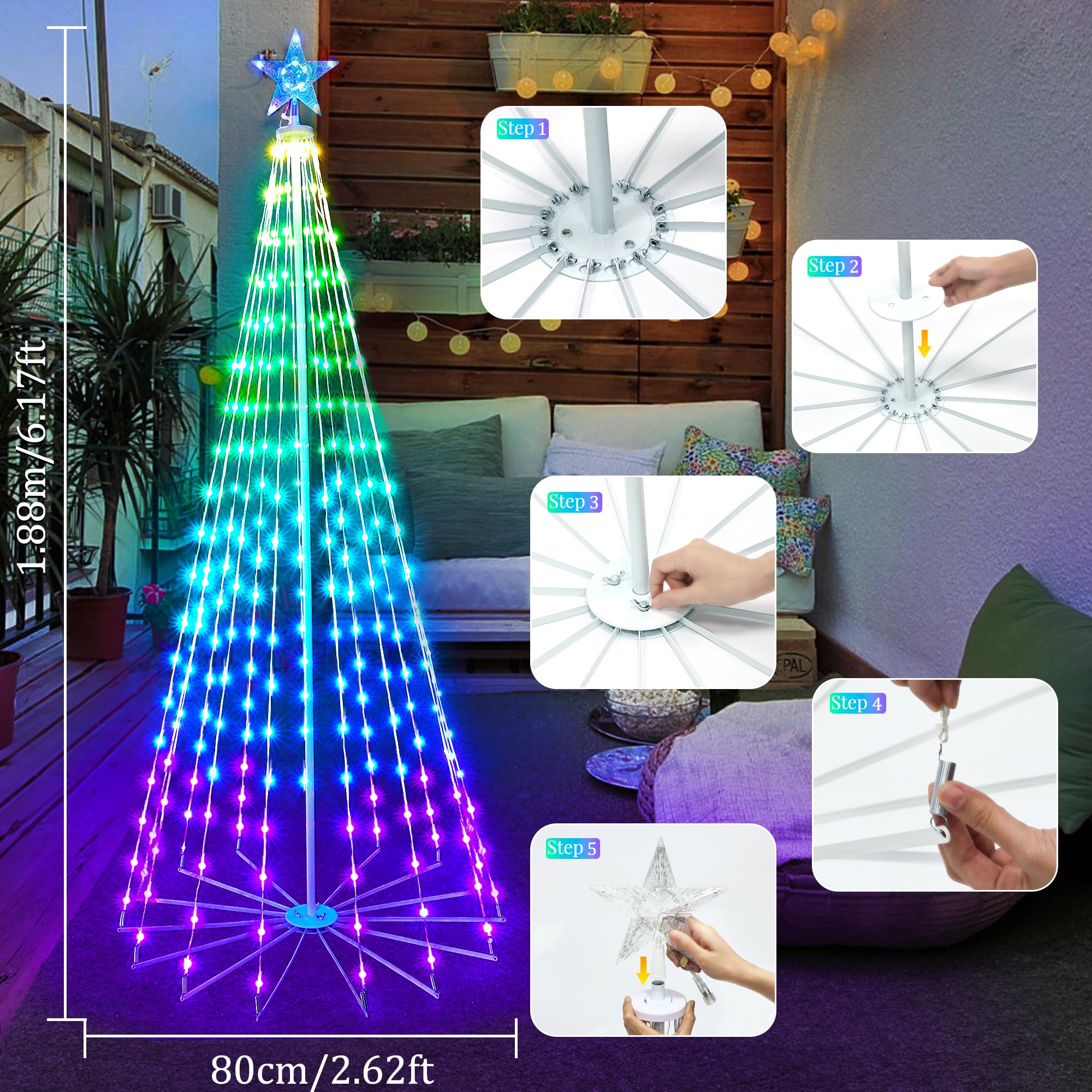 PhilzOps Smart Weihnachtsbaum Lichter, 1,88m 265LEDs Außen Kegelform Weihnachten Lichterkette mit Stern Wasserdicht 16 Millionen RGB Farben Weihnachtsdeko Licht für Garten Party Innen, App-Steuerung
