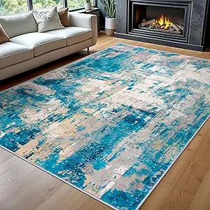 KOZYFLY Modern Abstract Area Rugs 8x10 Turquoise/Beige/Grey/Yellow Machine Washable Thin Rug for Bedroom Non-Slip Living Room Rug, Faux Wool Soft Low Pile Carpet for Dining Room, Bedroom, Bathroom