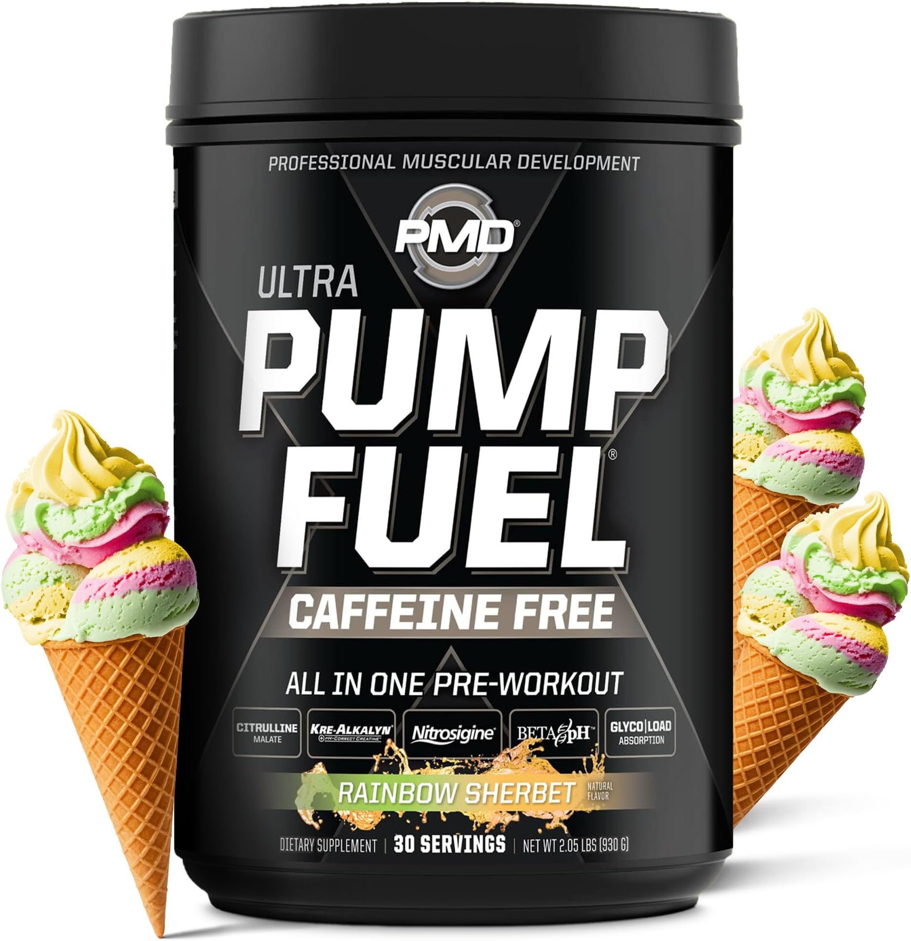 PMD Sports Ultra Pump Fuel Caffeine Free - Pre Workout Drink Mix - Energy, Strength, Endurance, Recovery Complex Carbohydrates And Amino Energy - Rockin Rainbow Sherbet (30 Servings)