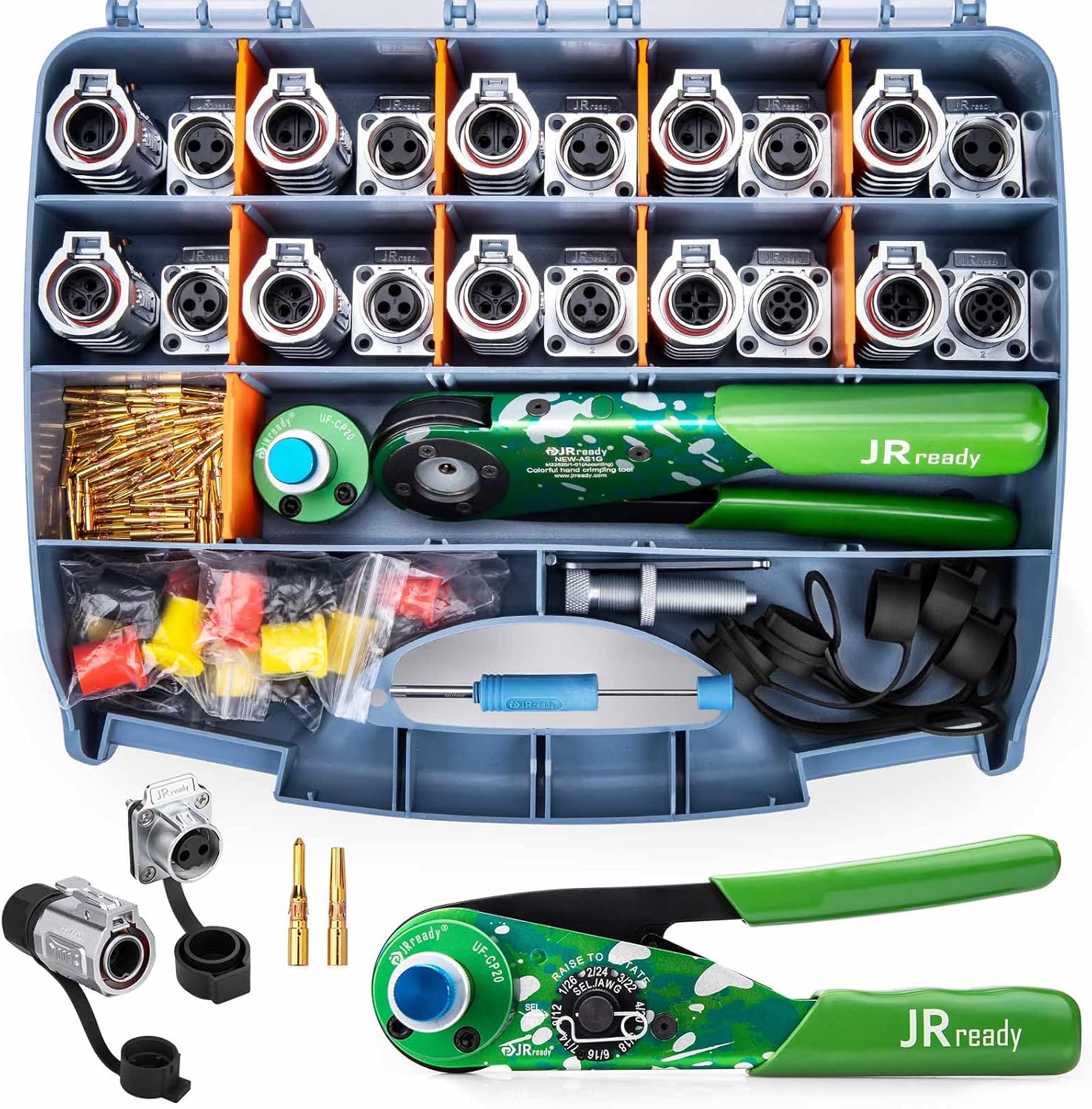 JRready IP68 Waterproof Circular Connector Kit(4-Hole Socket), 10 Pairs (2/3/4Pin) with Crimp Tool NEW-AS1G (M22520/1-01 Equivalent) for Outdoor LED Lighting, Marine Equipment, New Energy Wiring