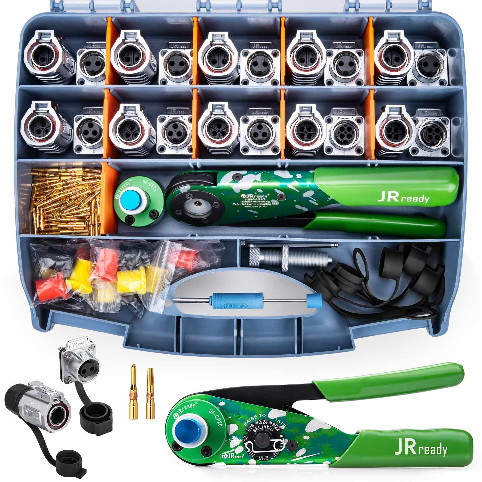 JRready Kit di connettori circolari impermeabili IP68 (presa a 4 fori), 10 paia (2/3/4 pin) con strumento di crimpatura NEW-AS1G (equivalente M22520/1-01) per illuminazione a LED esterna, attrezzature