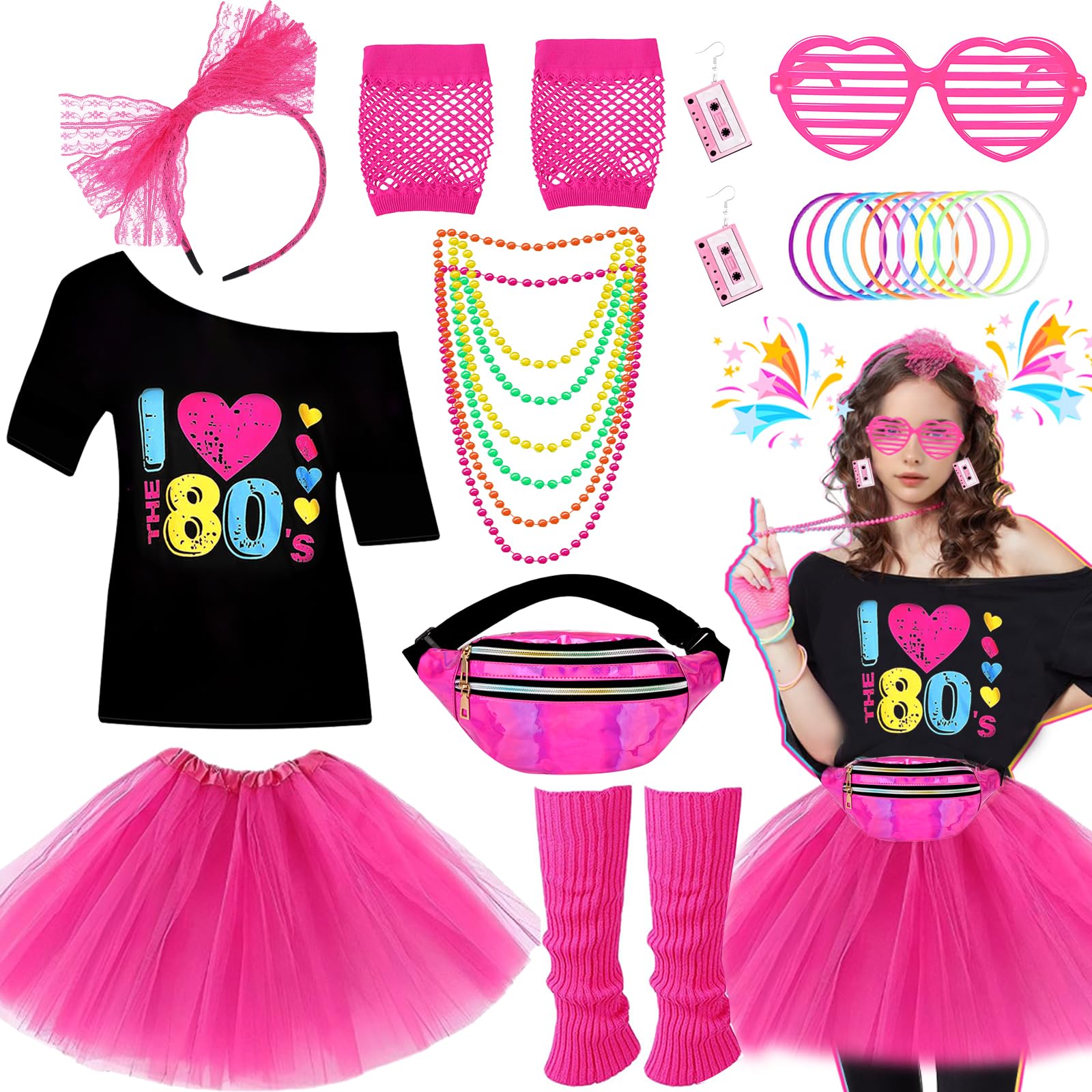 80s Fancy Dress Accessories for Women, Including T-Shirt Tutu Skirt Bumbag Leg Warmers Gloves Glasses Headband Earrings Necklace Bracelets 1980s Costume Outfits for Ladies Girls Hen Party