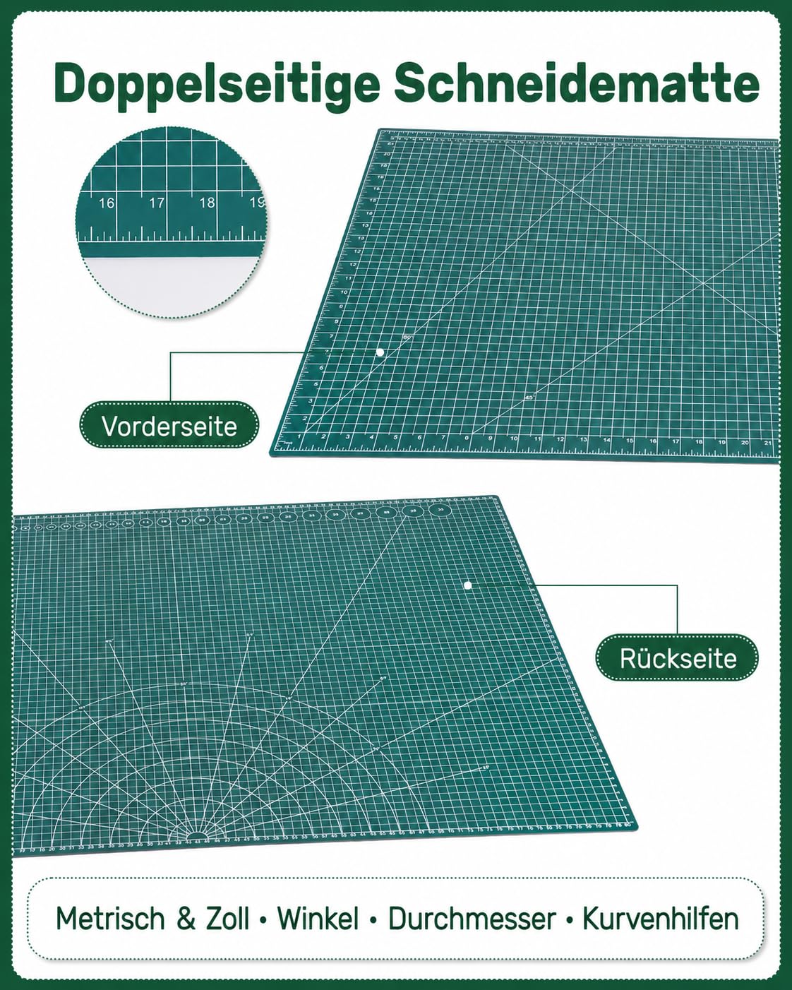 Schneidematte A1 60 x 90 cm, doppelseitige Bastelmatte, Bastelunterlage schnittfest für Rollschneider zum Nähen, Quilten, Scrapbooking & Basteln, Grün, Self Healing Cutting Mat for Hobby