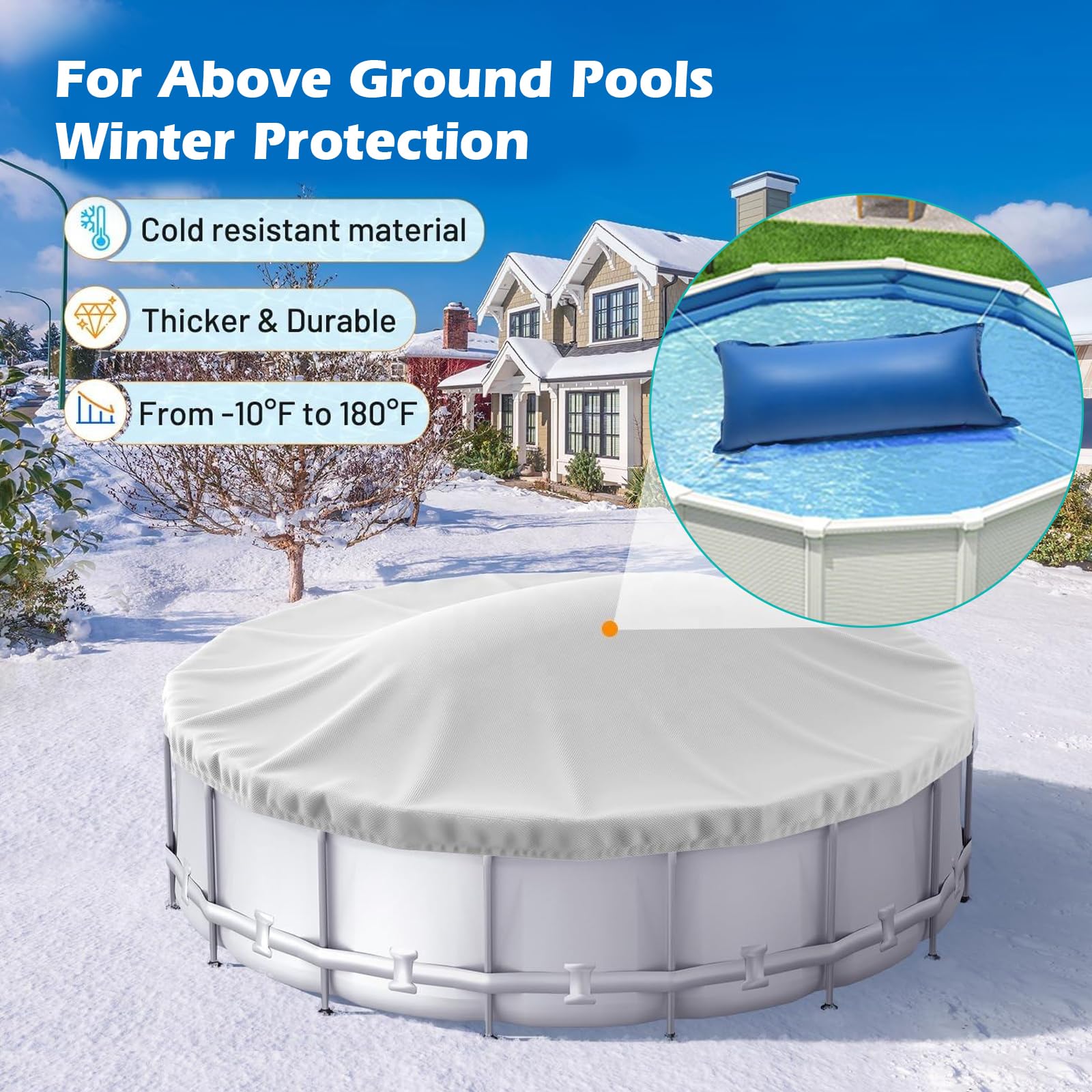4M Poolkissen Rechteckig Set Luftkissen zur Poolabdeckung, Pool Abdeckung Schutz für Runde und Eckig 3.2-7.5x 5.5-8.6m, Pool Überdachung Abdeckung Winter mit Doppelnaht Sicherheitsventil&10m Seil