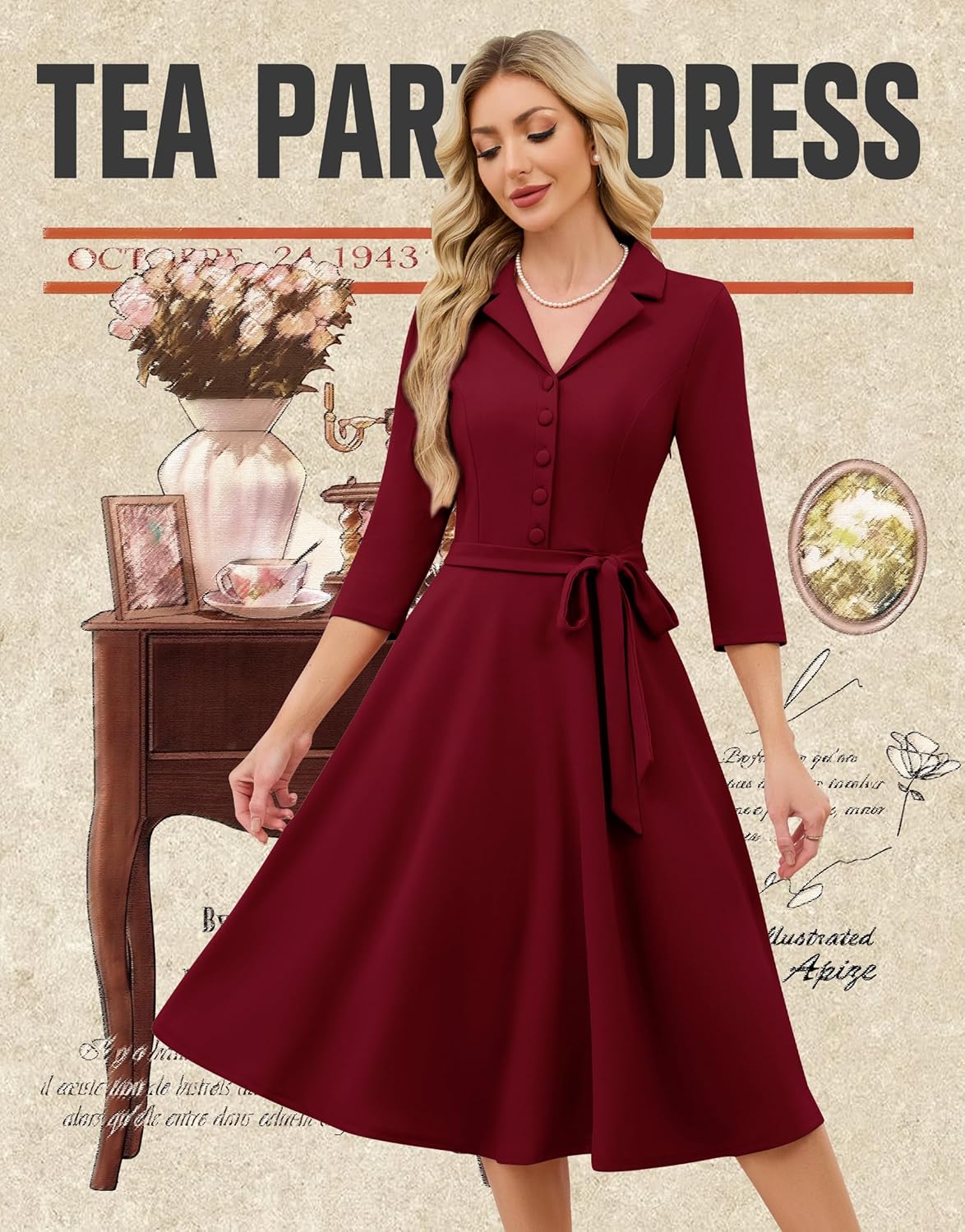 Wedtrend 1940s Dresses for Women 3/4 Sleeve Vintage Tea Party Dress Work Church 1950s Cocktail Dress with Pockets - Image 6