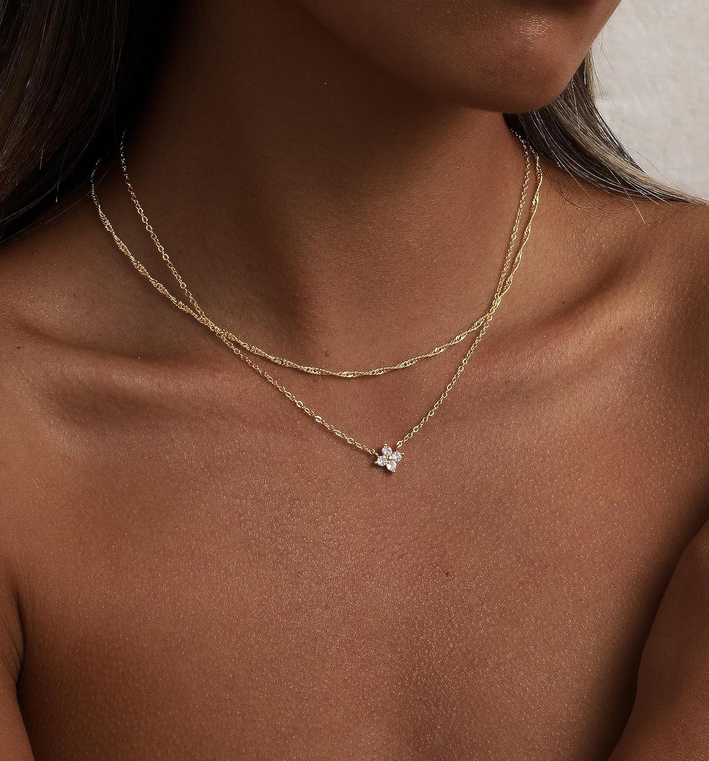 CAROVO Gold Necklace for Women Dainty 14K Gold Plated Choker Cross Flower Cubic Zirconia Necklaces Simple Layered Gold Chain Trendy Jewelry Gifts for Women - Image 4