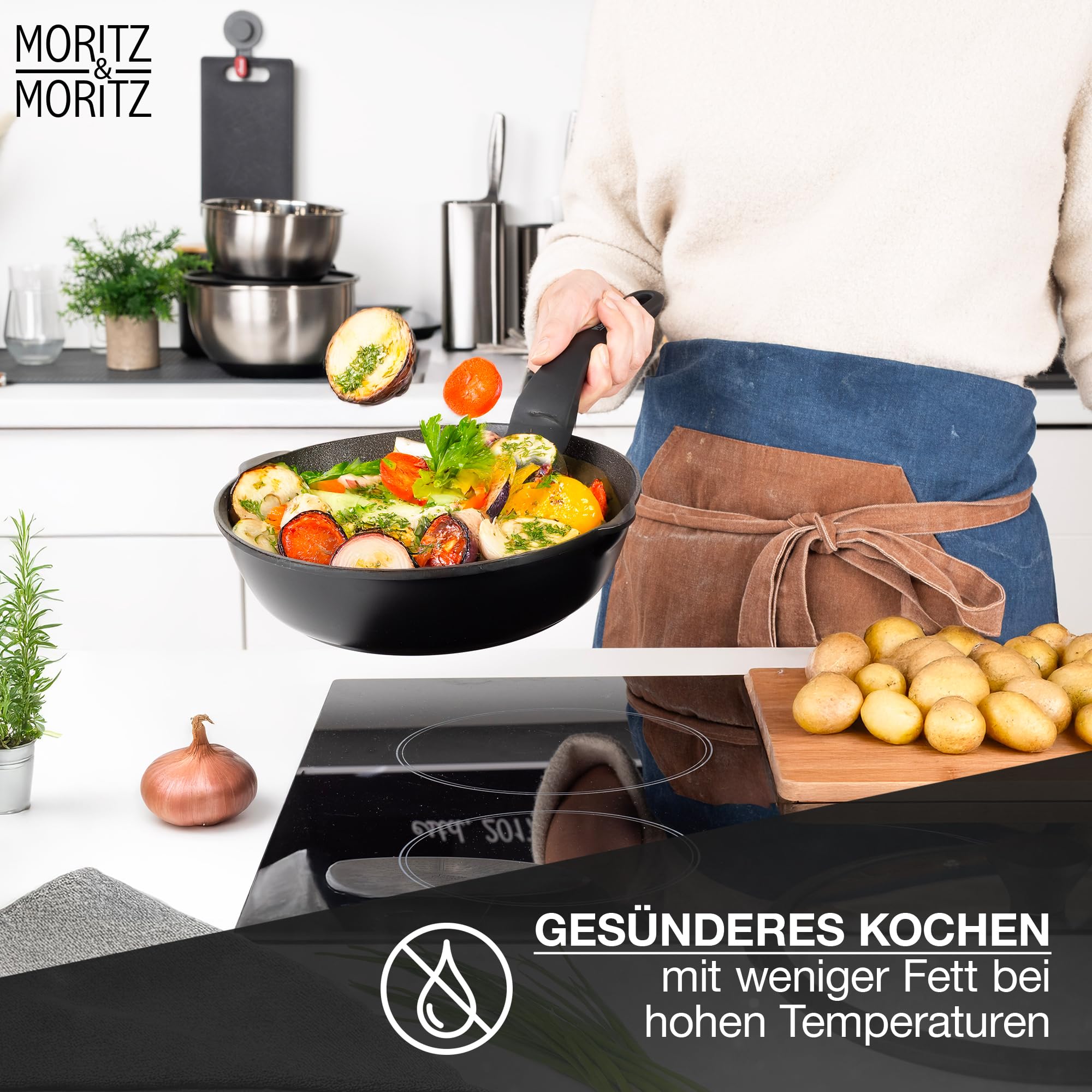 Moritz & Moritz Keramik Pfanne mit Deckel 26cm - frei von PFAS, PFOA & PTFE - Antihaft Bratpfanne 26cm - Schmorpfanne für alle Herdarten geeignet - Ideal zum Braten, Schmoren und Servieren - Schwarz