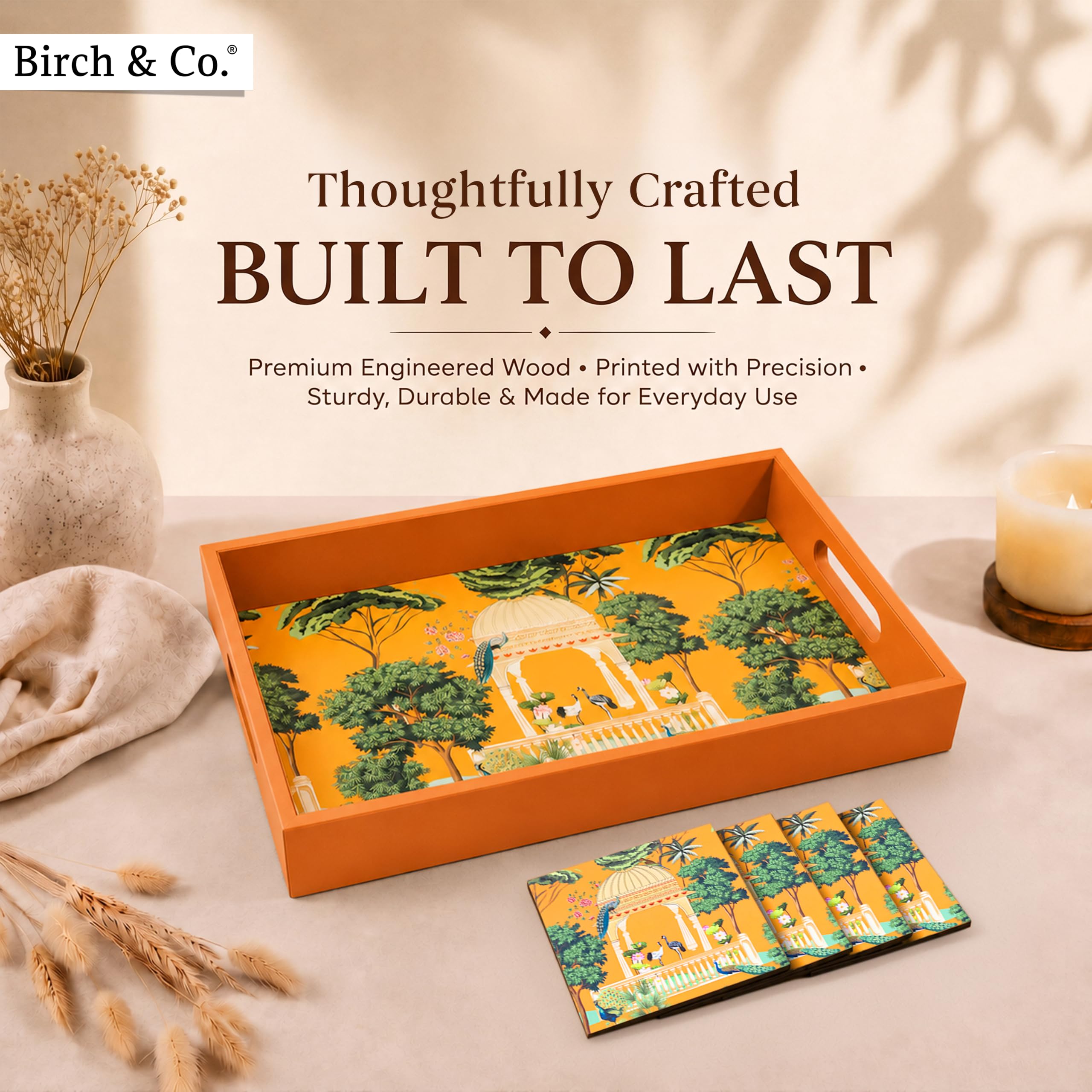 Birch & Co. Bandeja de madera para servir sin 4 posavasos, 10 x 15 pulgadas, bandeja para servir, juego de bandejas para decoración, bandejas de té, bandeja de café grande, bandejas de madera MDF de