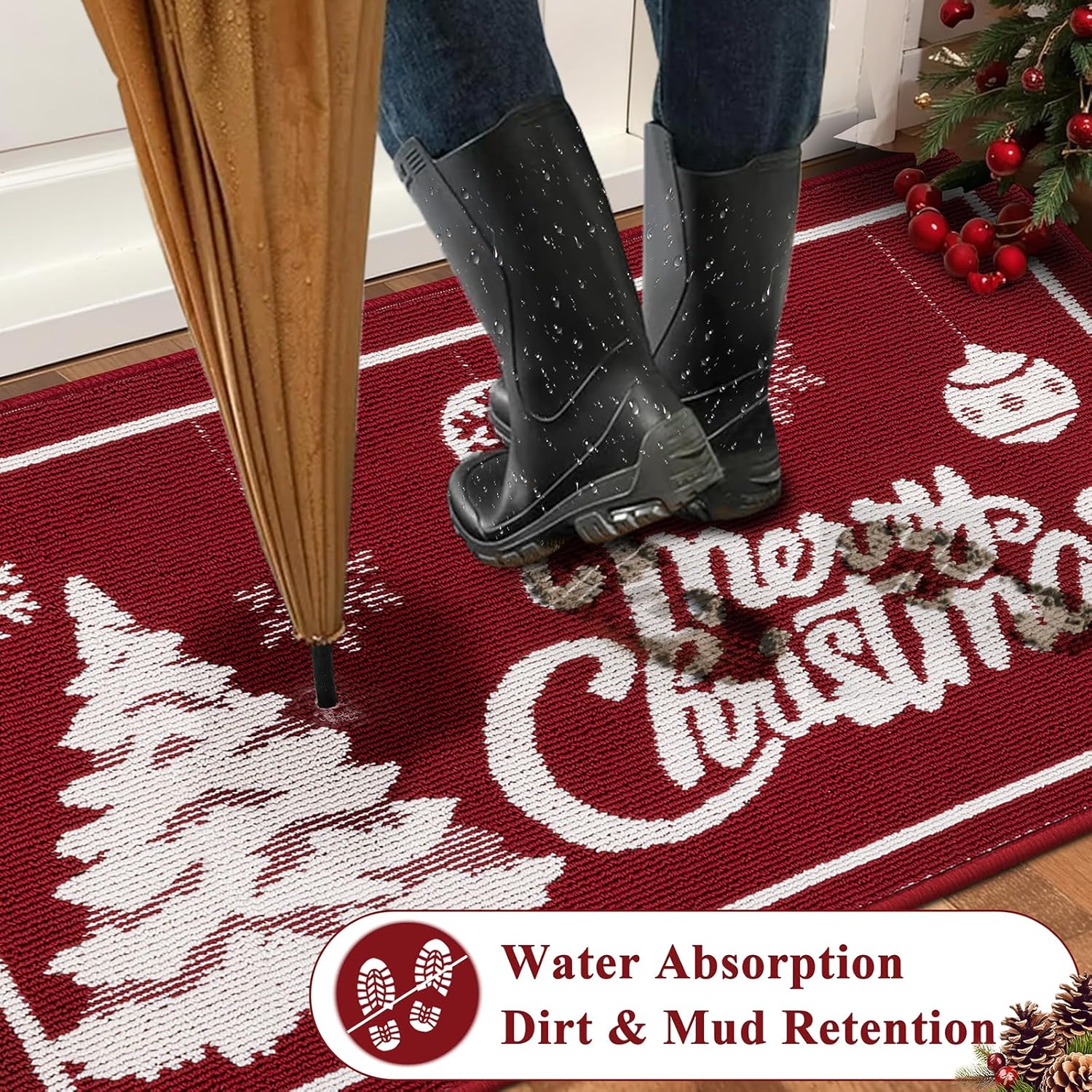 Christmas Doormat with Non Slip, Loop Pile Red and White Indoor Christmas Welcome Mat with Absorbent & Dirt-Trapping, Outdoor Christmas Tree Door Mat Front Porch Decor 32x48 Inch