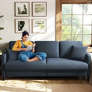 3 Seater Sofas, 211CM Sofa 3 Seater, Teddy Fleece Loveseat Couch with 53cm Deep Seat, Tool-Free Setup Couches for Living Room, Modern Couch 385kg Capacity, 2 Pillow Included, Blue Sofa