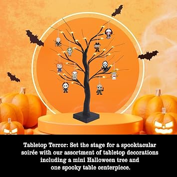 BIGSPINACH Black Halloween Tree with LED Lights and Spooky Wooden Hanging Ornaments Horror Movie Ornaments, Light Up Halloween Decor