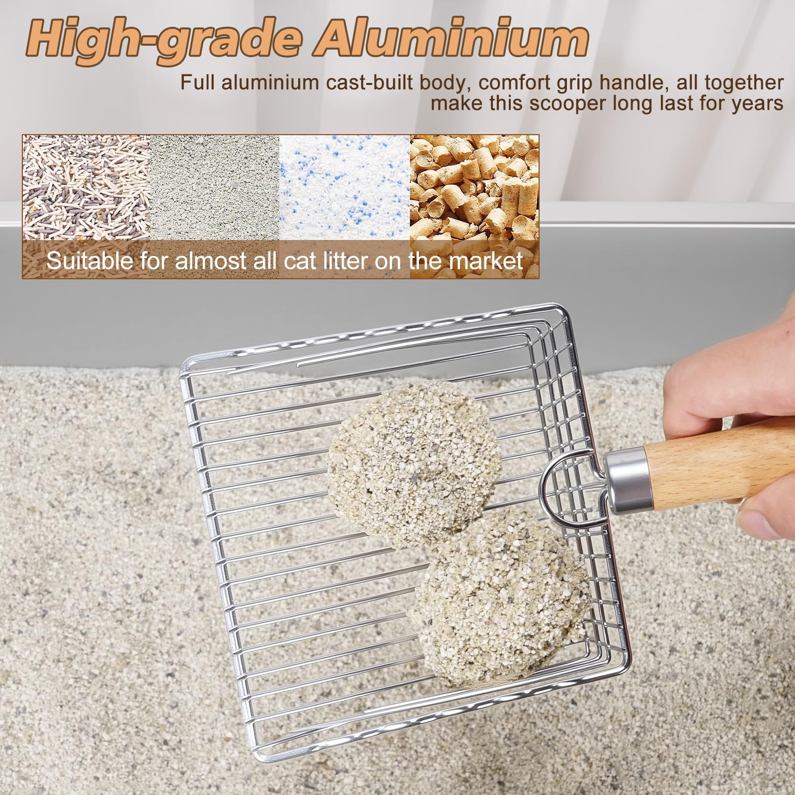 Metal Cat Litter Scoop with Holder, Poop Scooper with Stand and 2 Rolls of Garbage Bags, Heavy Duty Stainless Steel Shovel with Wooden, Quick Sifter for Easy Cleaning (Long handle-9.8" with Holder) - image 3