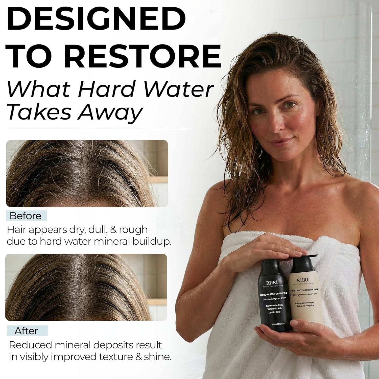 Hard Water Shampoo & Conditioner Set | Hydrating Hair Treatment for Shine & Manageability | Clarifying Wash with Bentonite Clay, Volcanic Ash, Lactic Acid | Metal Detox Shampoo with Collagen 32 FL oz