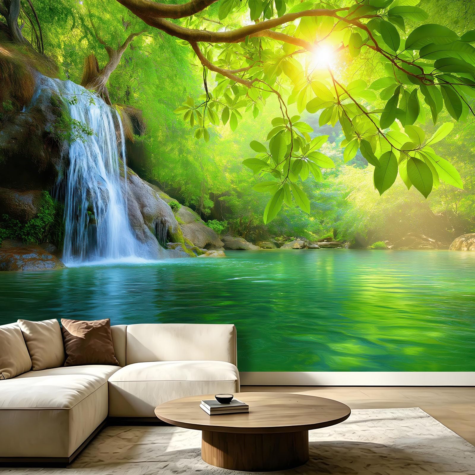 Carta da parati fotografica, motivo: paesaggio, cascata, foresta, effetto 3D, XXL, 200 x 140 cm, in tessuto non tessuto, colore verde, decorazione da parete per ufficio, studio di yoga, corridoio