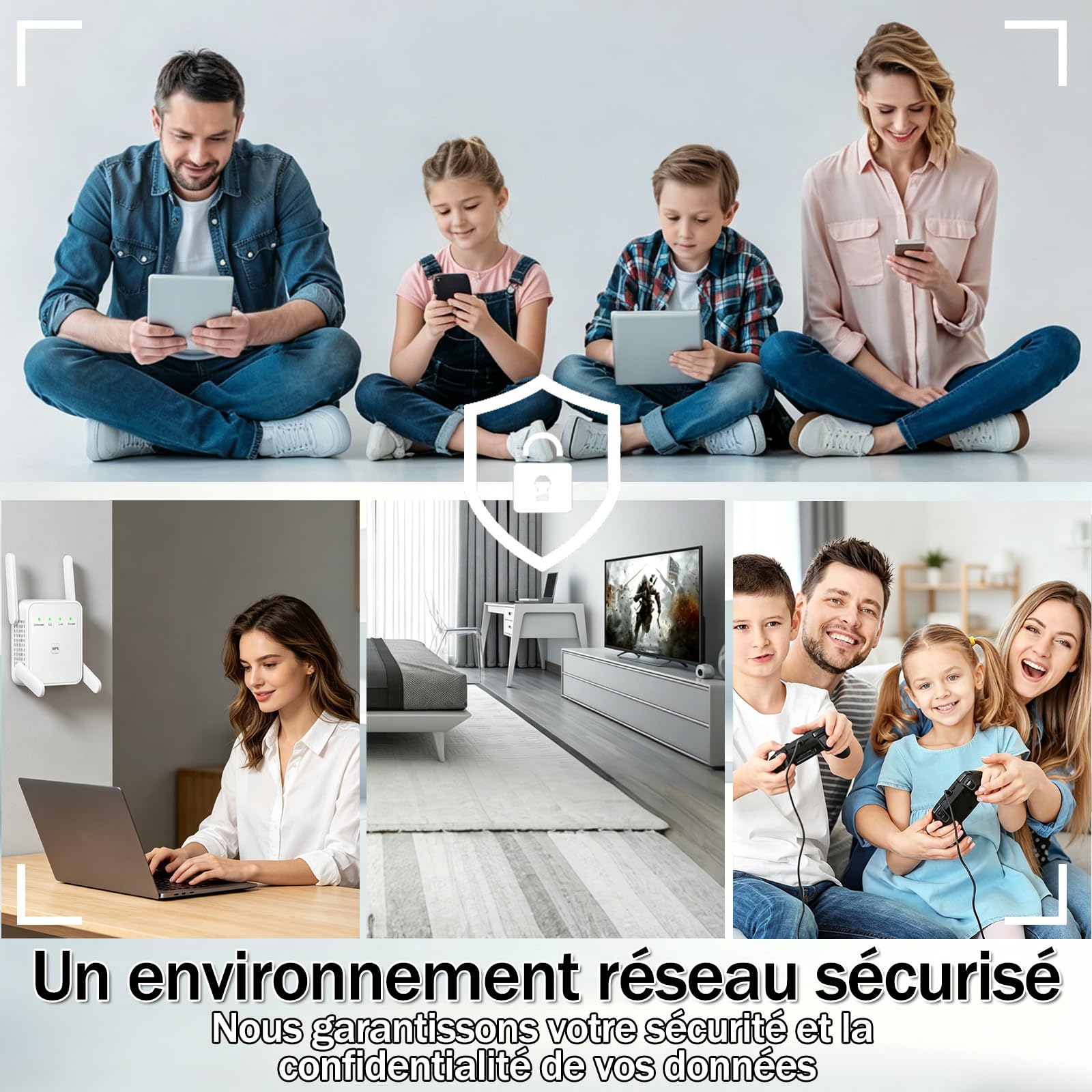 Répéteur WiFi 1200Mbps, Puissant WiFi Booster Double Bande 5GHz & 2.4GHz | Configuration WPS en un clic,4 antennes pour une couverture de 12 880 m², installation simple, parfait pour le télétravail