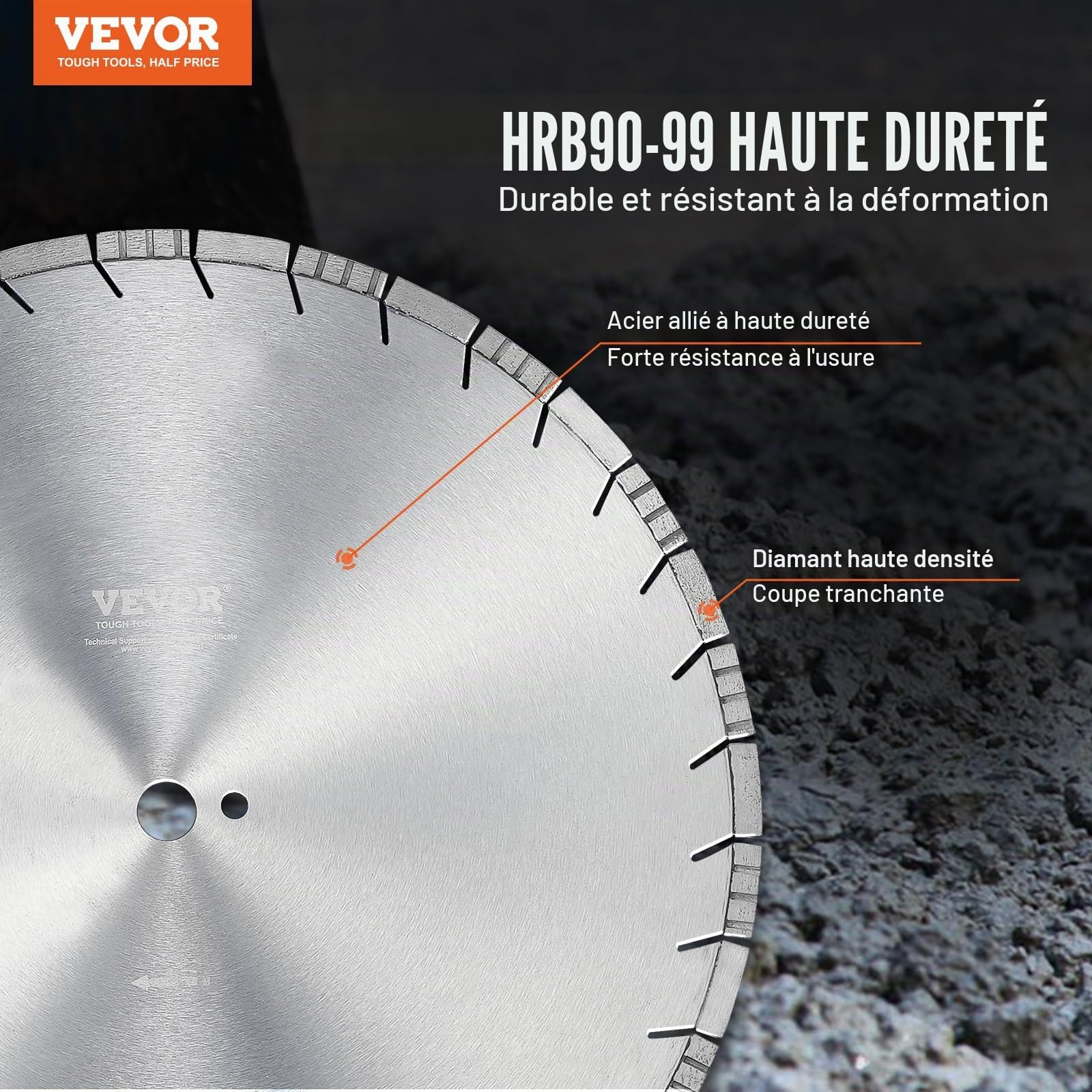VEVOR Disque à Tronçonner Diamanté 500 mm, Disque Diamant Humide ou Sèche, Lame de Scie à Béton avec Dents Inclinées de 12 mm, Diamètre du Trou Central Universel 25,4 mm, pour Béton, Carrelage, Brique