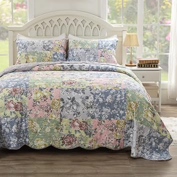 Greenland Home Emma Vintage Style Quilt Set, 3-Piece Full/Queen, Gray