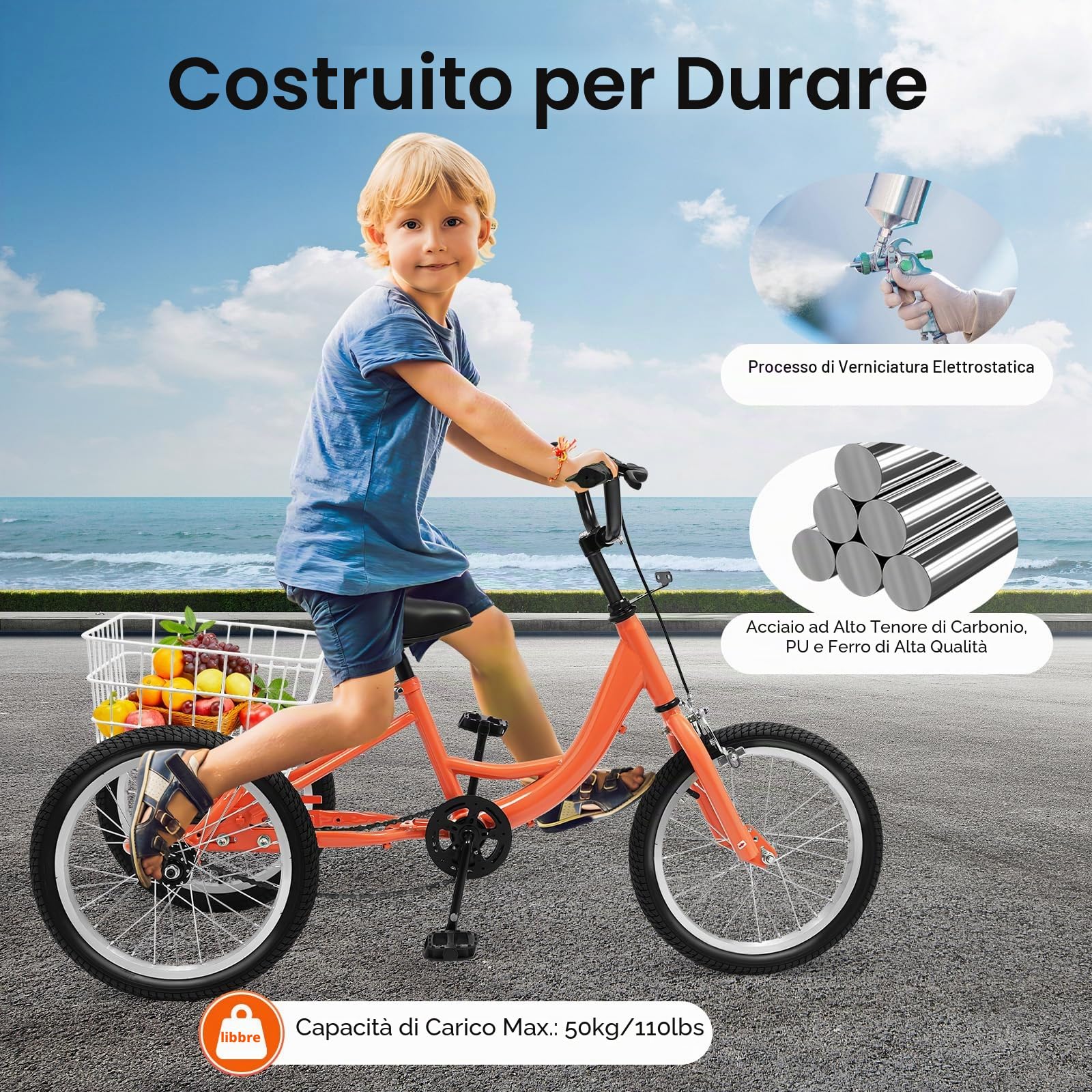 Triciclo da 16 pollici per bambini a 3 ruote con cestino per la spesa, sella regolabile in altezza, triciclo per bambini dai 7 ai 10 anni
