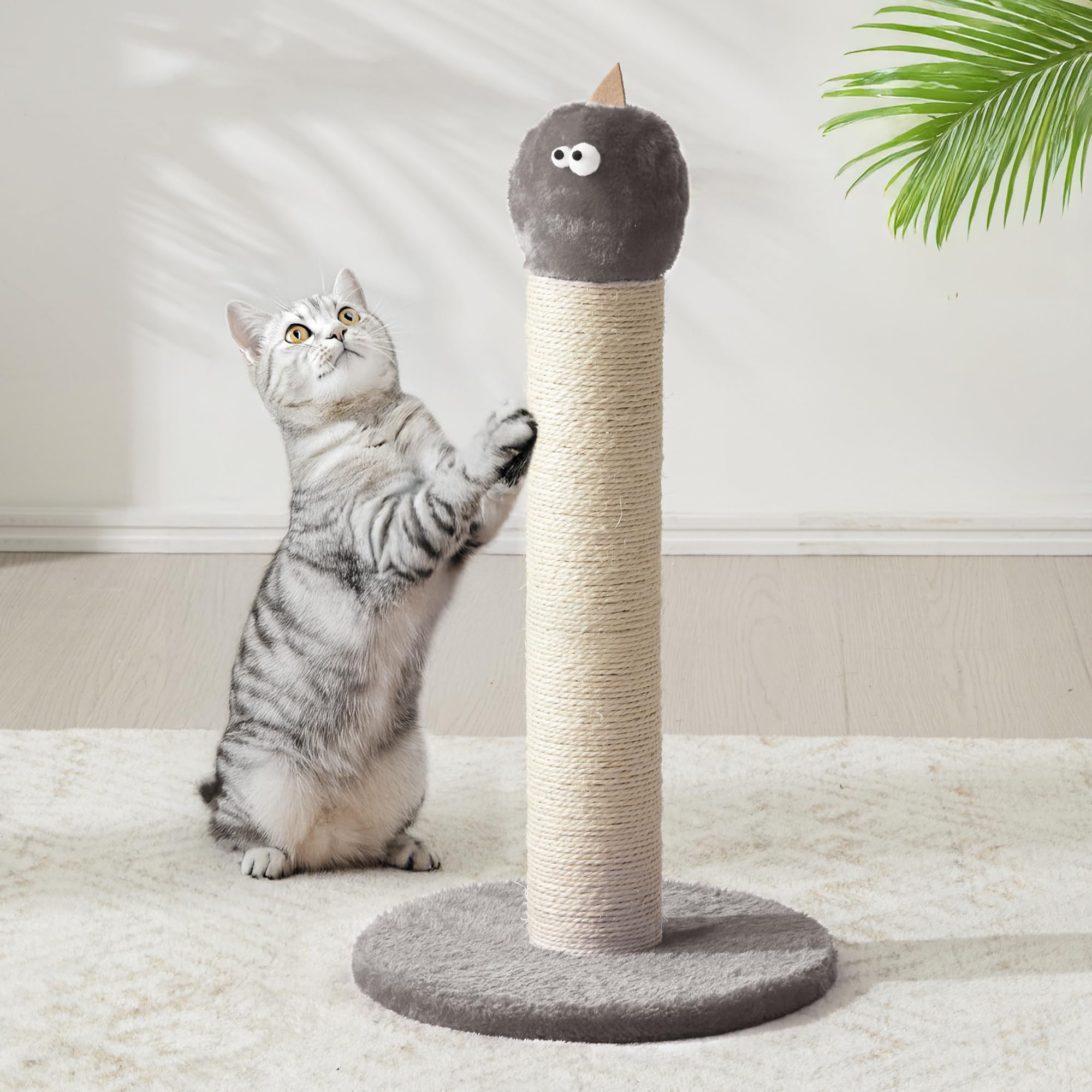 Keygarzone Indoor Cat Scratching Post: 22 in Tall Cat Scratcher with Natural Sisal Rope, Cute Monster Design Kitty Pet Tower with Sturdy Wood Base, Great Gift for Small and Large Kittens, Grey
