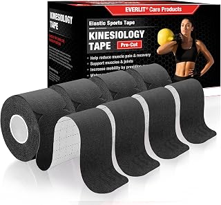 EVERLIT [4-Pack] Pre-Cut Elastic Cotton Kinesiology Therapeutic Athletic Sports Tape, for Pain Relief and Support, 80 Precut 10” Strips (Black)