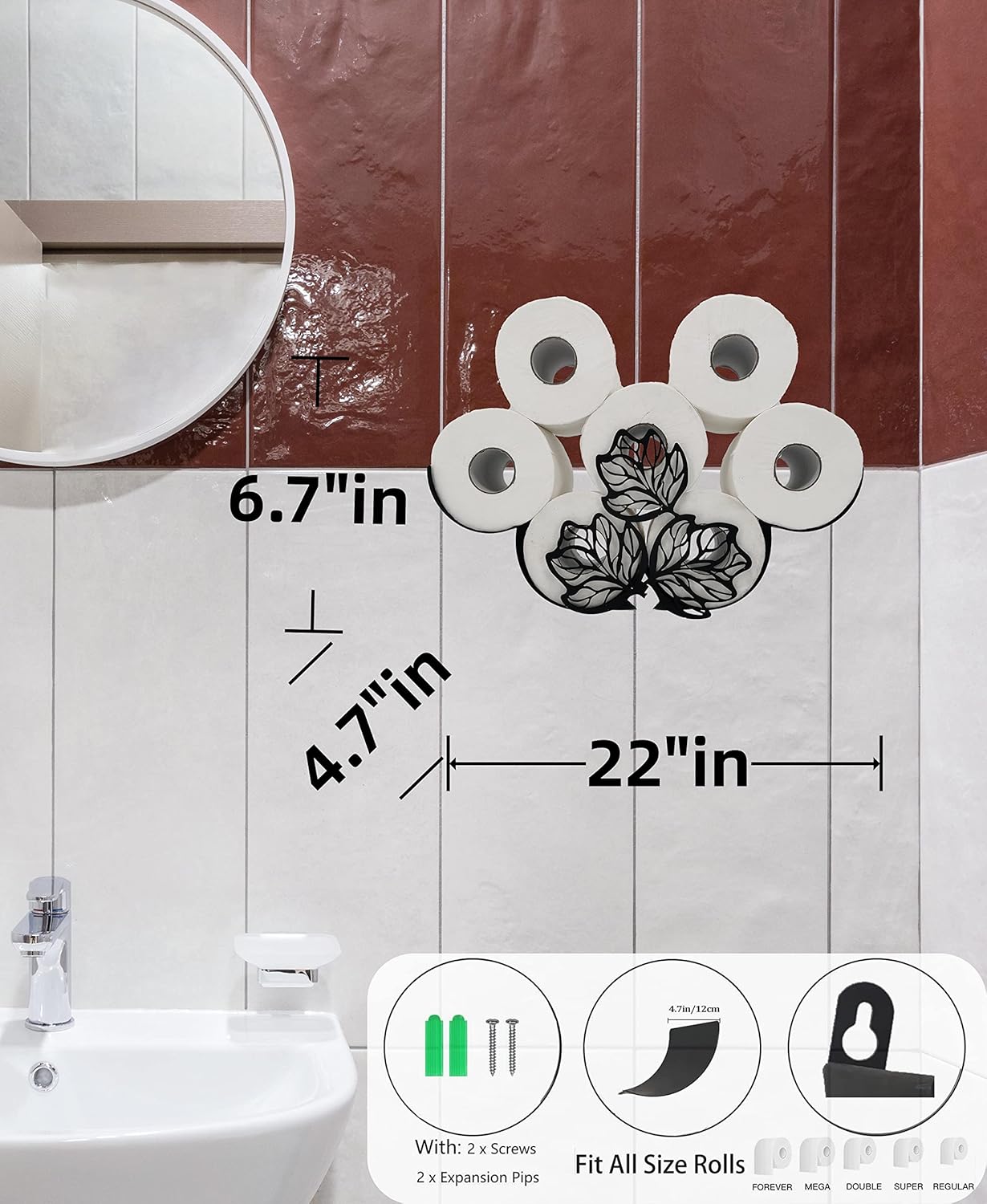 Leaves Metal Wall Toilet Tissue Holder, Black Toilet Paper Storage, Cute Wall Organizer for Bathrooms, Holds Extra 8 Rolls