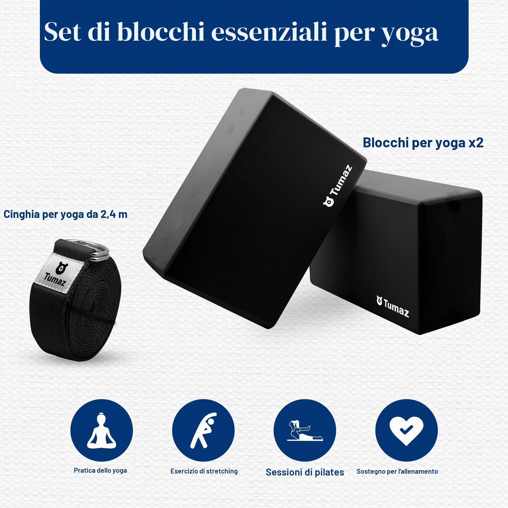 Tumaz Set di 2 blocchi da yoga con cinturino, ad alta densità/leggeri in EVA Foam Blocks or Non-Slip Solid Natural Cork Yoga Blocks & Premium 8F Yoga Strap Set for Yogi [Istruction E-Book Included]