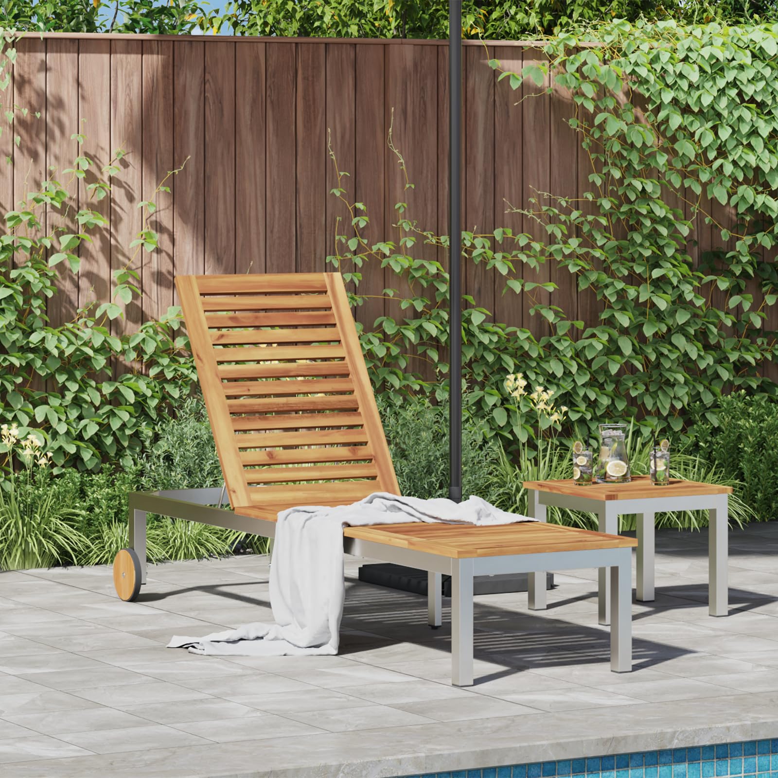 Lettino prendisole con ruote in legno massello di acacia e acciaio inox, schienale regolabile, resistente alle intemperie e facile da spostare per giardino o balcone, design moderno, spazioso