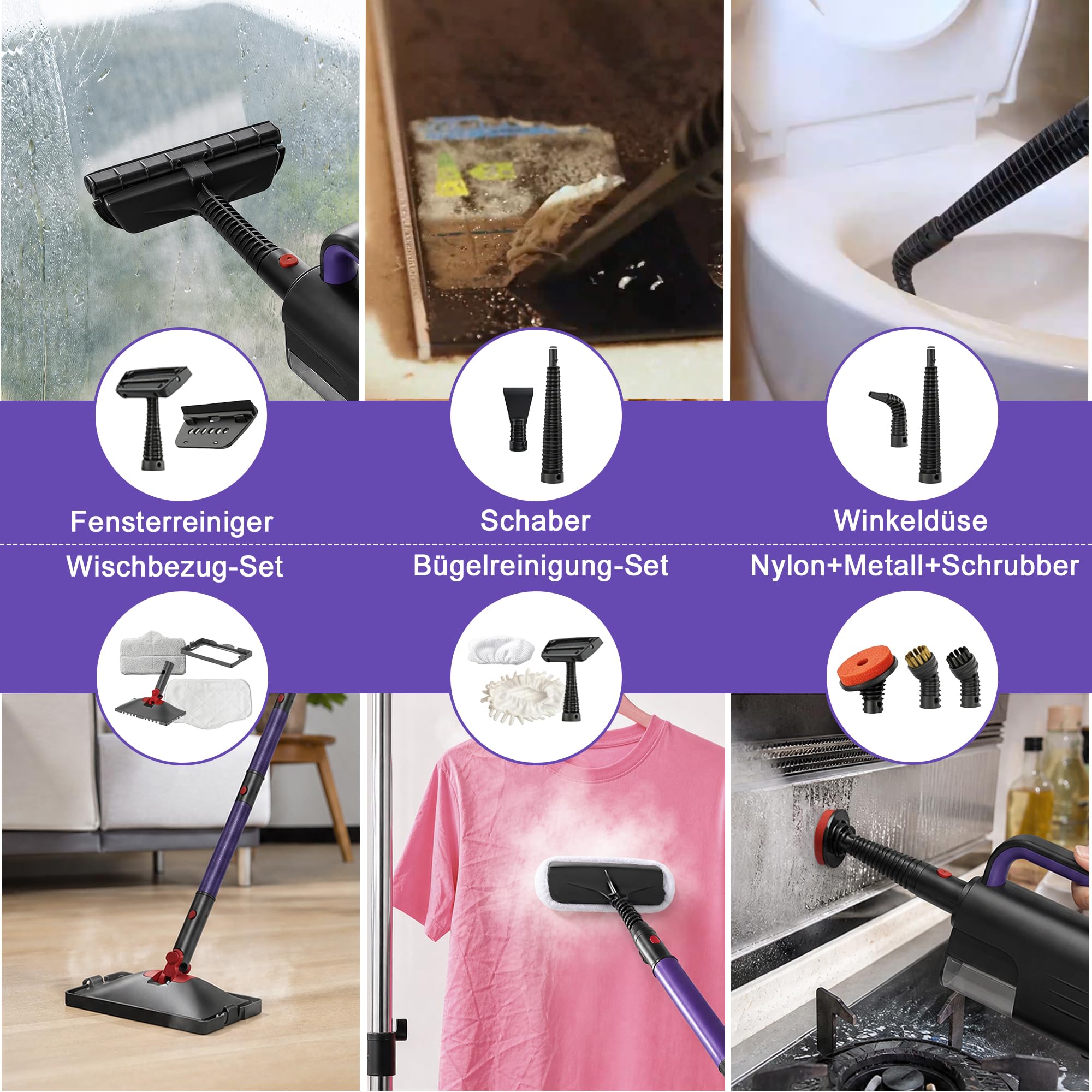 2-in-1 Dampfreiniger,1500W Handgerät,15s Aufheizung | 15s Aufheizung, 8+4 Zubehörteile,5m Kabel & Drehkopf,Leicht & kompakt, Ideal für Wohnungsübergabe & Küchenreinigung