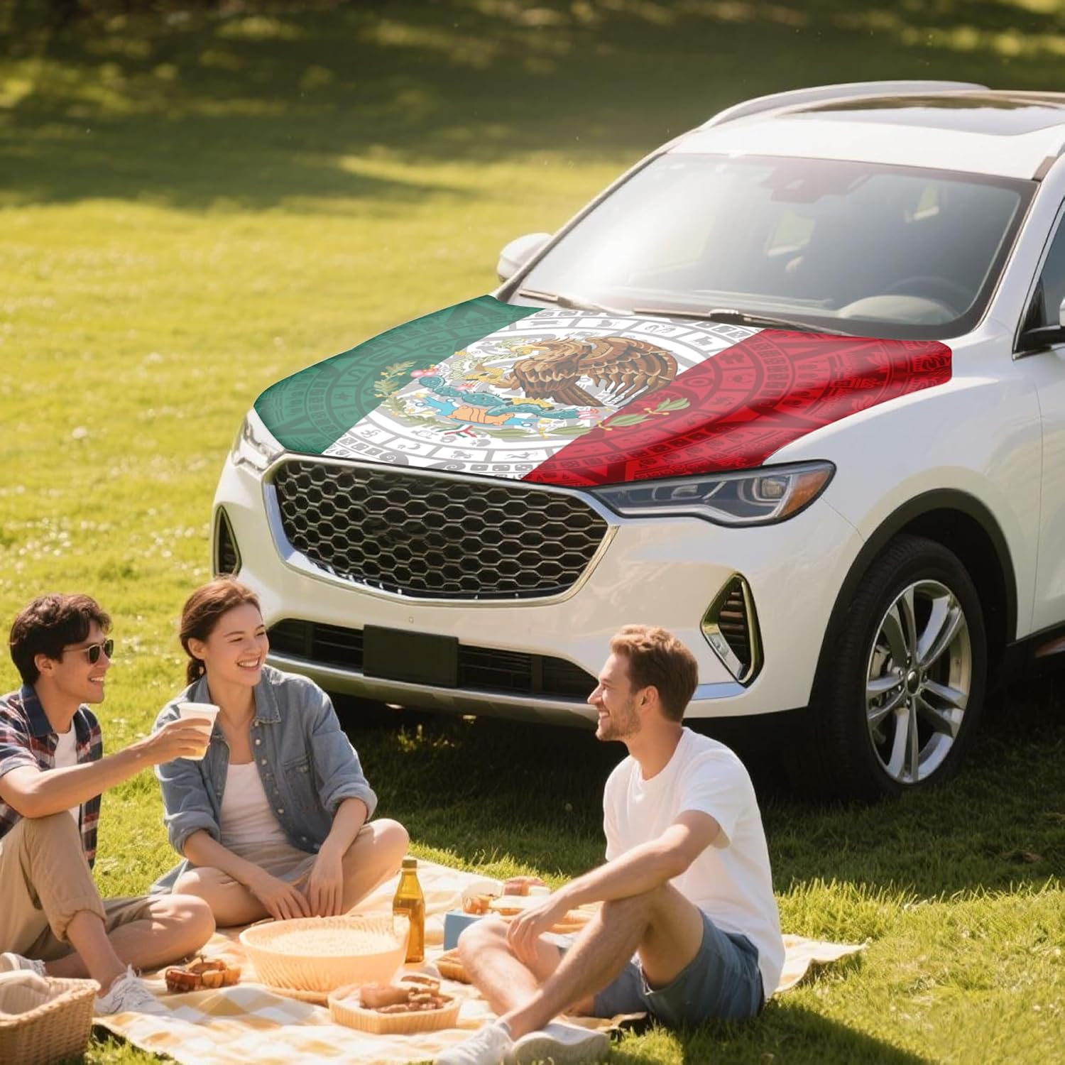 Mexico Totem Flag Car Hood Cover, 4 x 5 Feet, Elastic Fabric, Vehicle Bonnet Banner