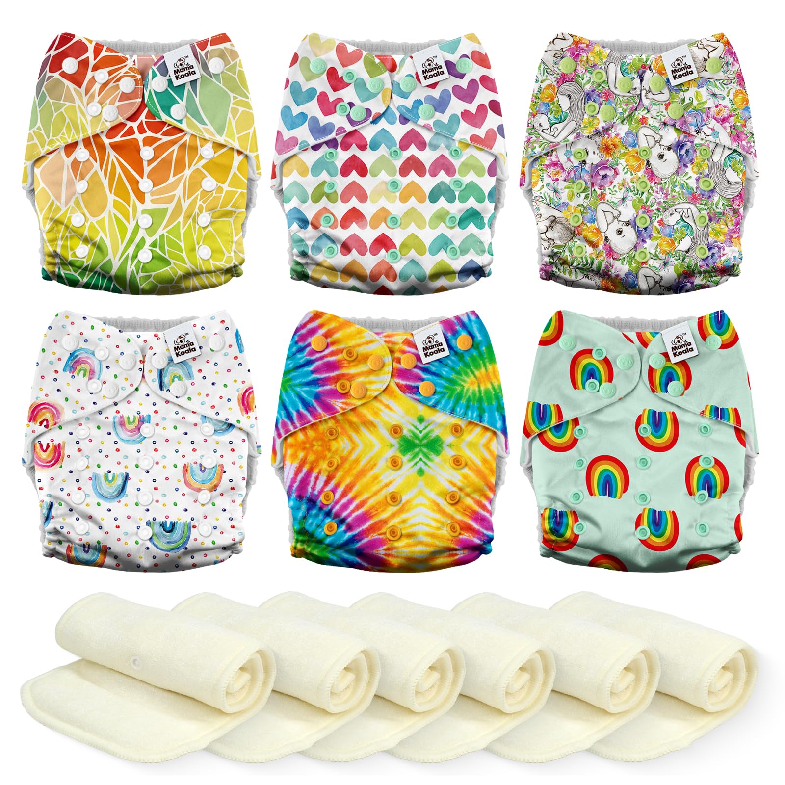 Mama Koala 6 Pack Reusable Cloth Diapers 3.0 for Babies Girls Newborn, One-Size Adjustable Baby Diaper, Durable Stitching, Back Opening for Inserts, Breathable Awj Lining, Leak Prevention-Rainbow&amp;Love