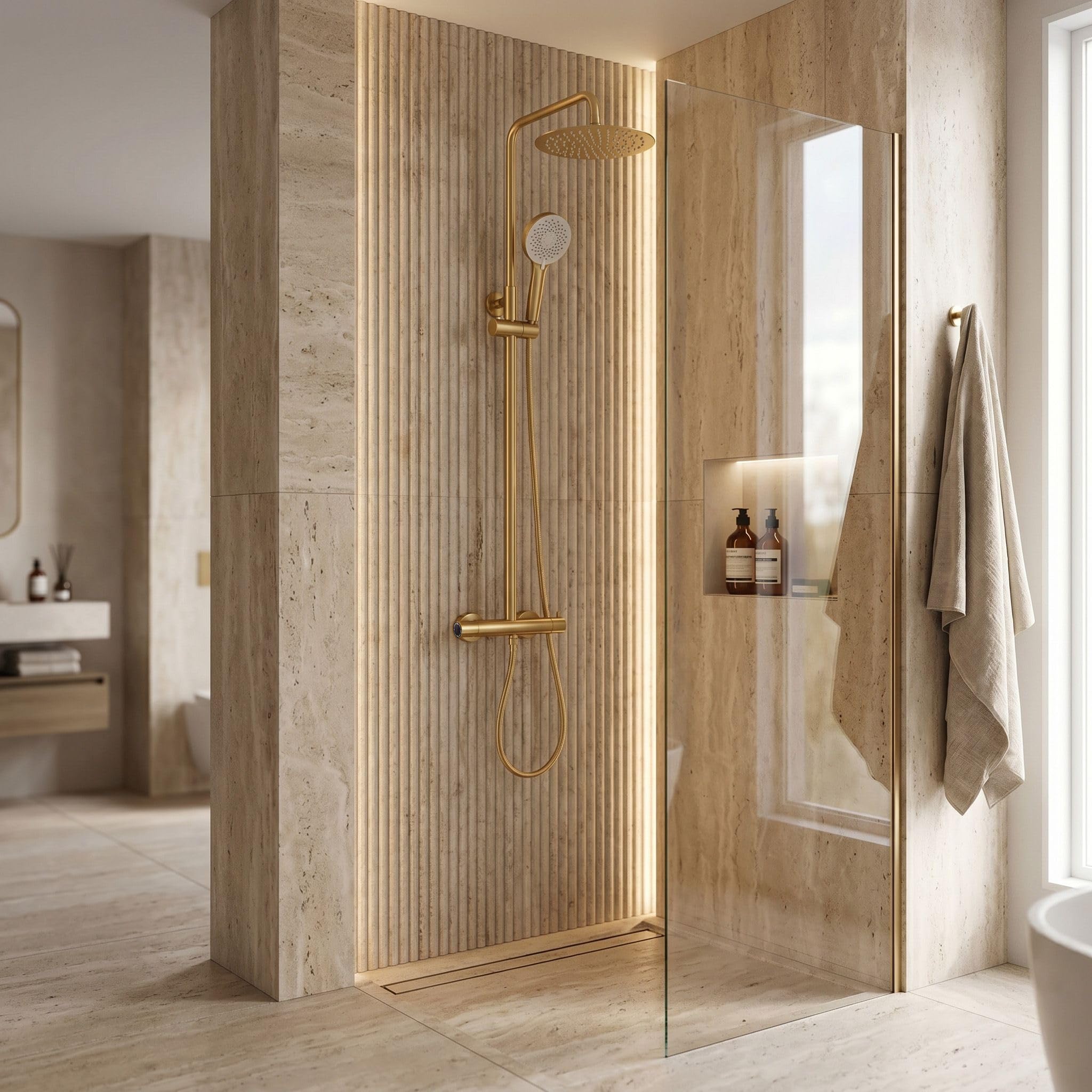 Rea - Duschset mit Thermostat Drop – gebürstetes Gold – 33 x 15 x 120,5 cm