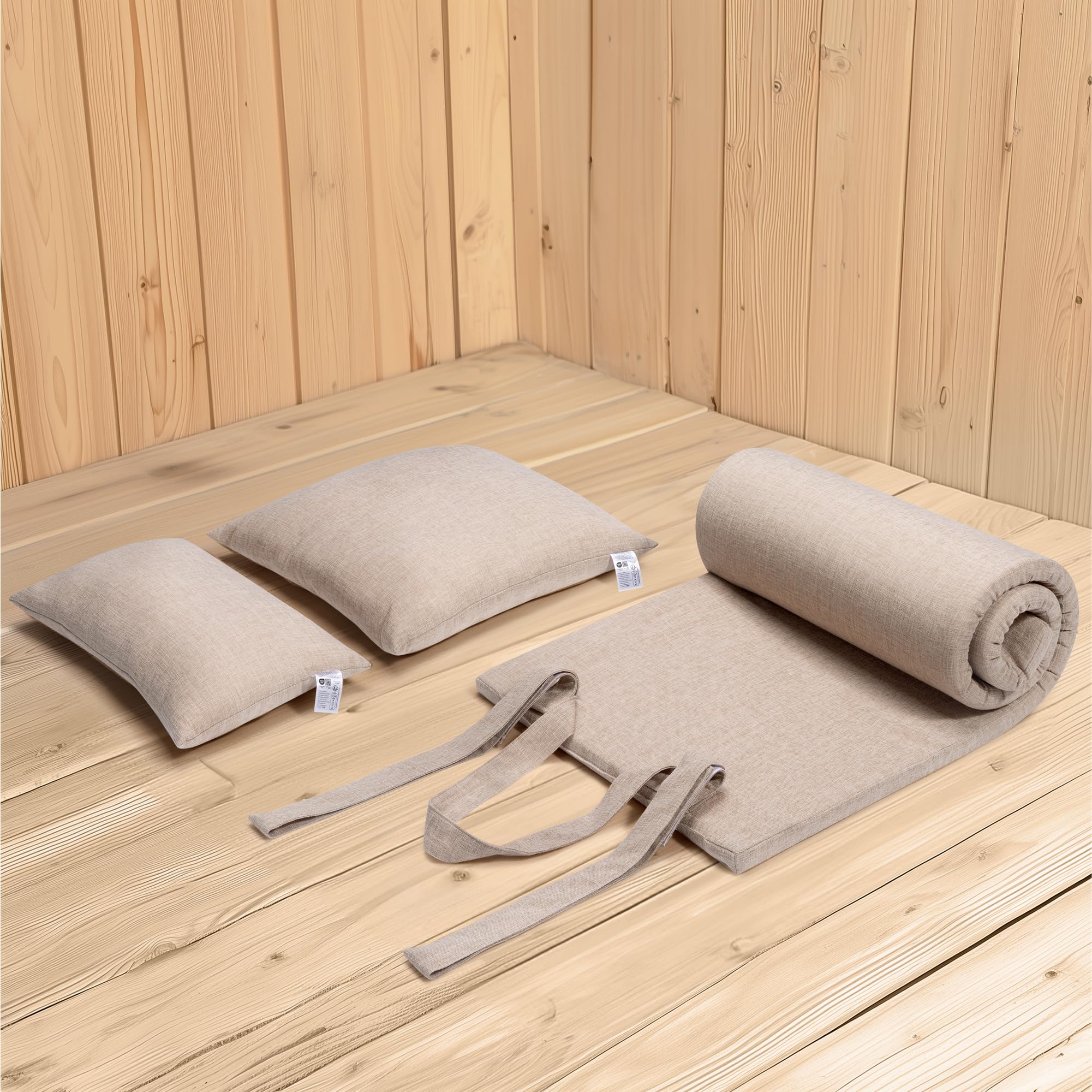 JEMIDI Cojín y Tumbona para Sauna y Jardín - Set 1x Colchoneta y 2x Cojin para Sauna SPA Piscina Jardin - Fácil de Transportar con Cuerdas - Fundas Lavables - Efecto Lino Beige