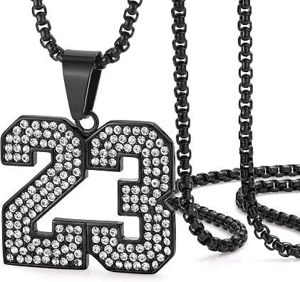 ROWIN&CO Iced Out 23 Basketball Number Necklace Stainless Steel 18k Gold/Black Hip hop CZ Pendant for Men Sports Chain Length 24"