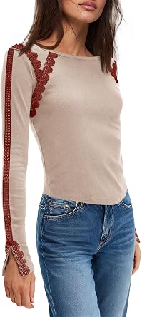 Yanekop Womens Ribbed Long Sleeve Tops Knit Slim Fit Shirts Casual Crewneck Basic Tees Striped Lace Shirt Fall Outfits
