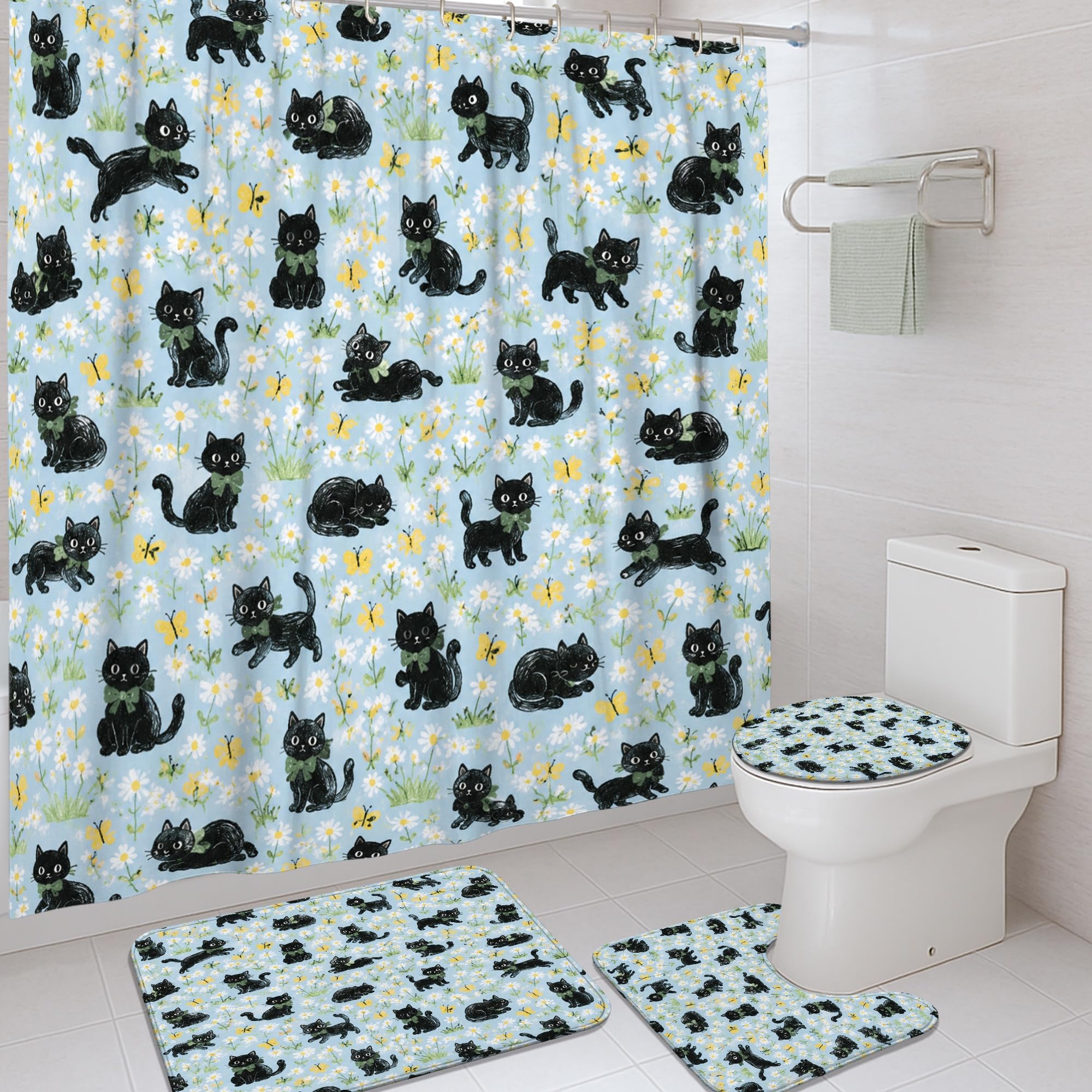 Rideau de douche pour appartement motif chat et printemps déco de baignoire