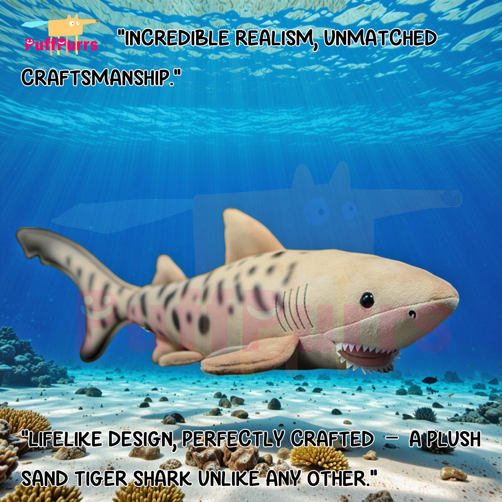 PuffPurrs Lifelike Sand Tiger Shark Plush Toy, Realistic Carcharias taurus Teddy Stuffed Animal - Image 2