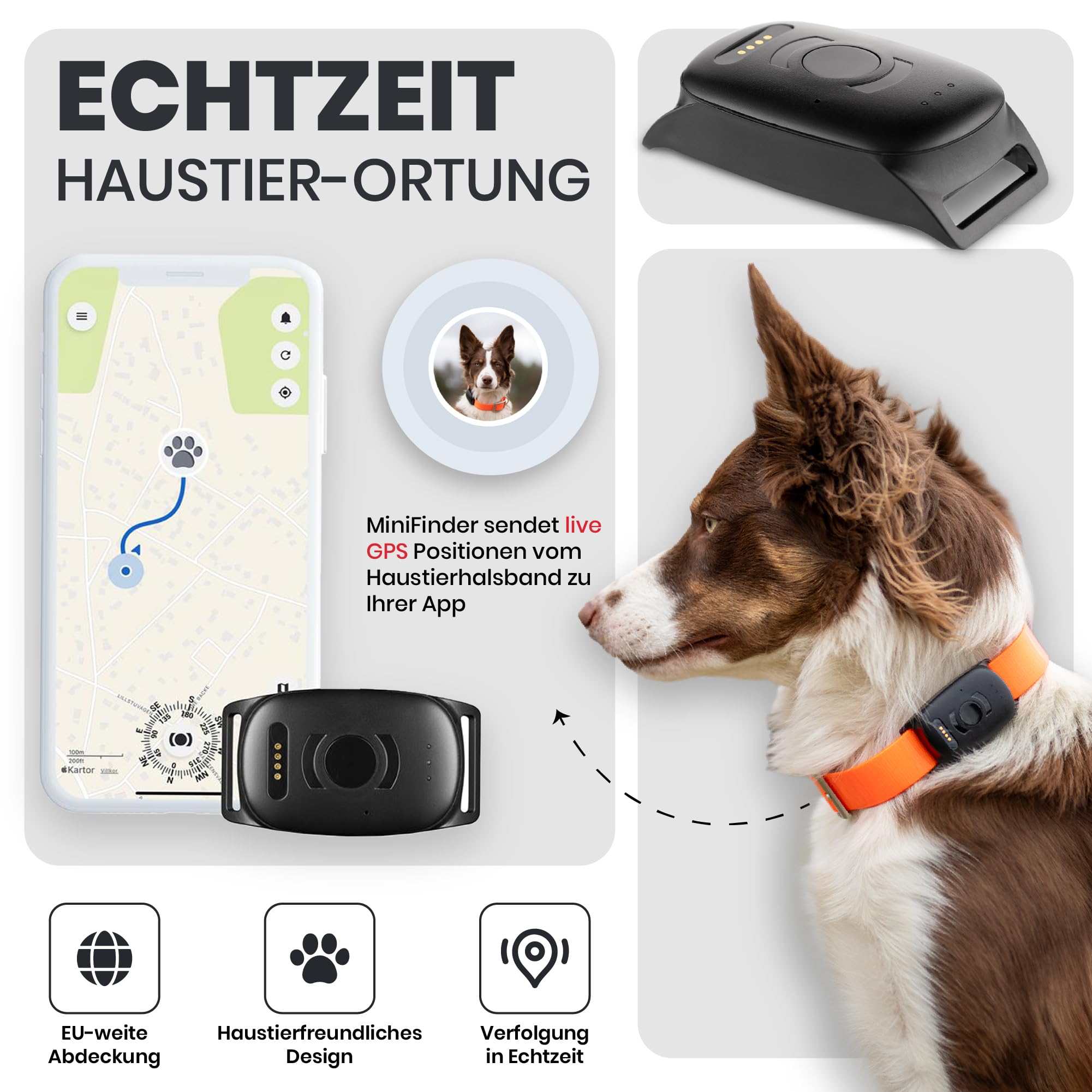 MiniFinder Atto Pro GPS Tracker Hund Echtzeit-Ortung, Hunde GPS Tracker mit integrierter SIM Virtuellem Zaun Escape-Alarm, Wetterfest 35h Akku GPS Ortung Haustier